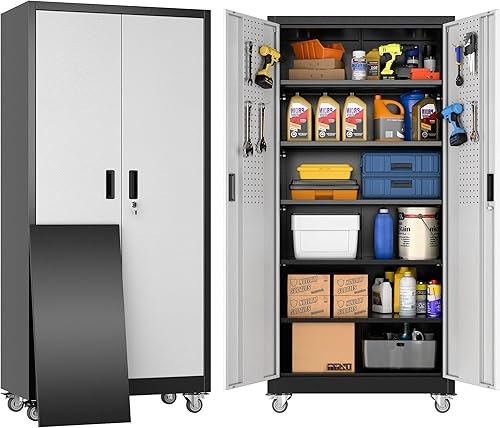 Miniatura 28 de Armarios de almacenamiento de metal con tablero de clavijas de puerta, armarios de almacenamiento de garaje con cerradura con ruedas para garaje