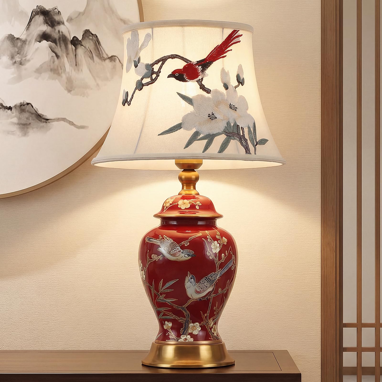HvKvHvY Table Lamp Retro Ceramic, Fabric Bedside Lamp,Vintage Bedroom Reading Light White lampshade Desk Lamp Modern Style E27 Nightstand Lamp for Hotel Living Room Office (D 52CM)