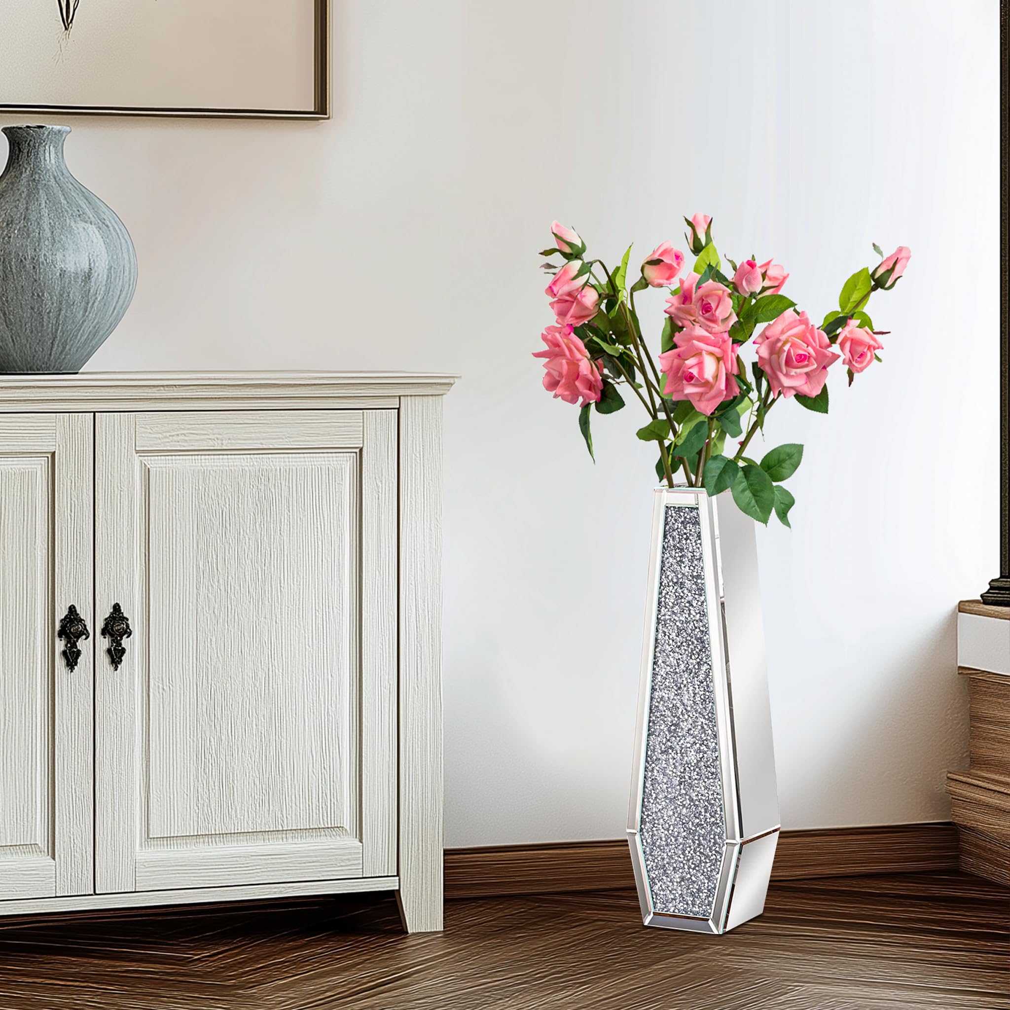 Vaso Vetro Diamanti Alto 70cm: Vaso Decorativo da interno Grande a Specchio fiori Cristallo Argento Stretto e Lungo da Terra Moderno Design Decorazione casa