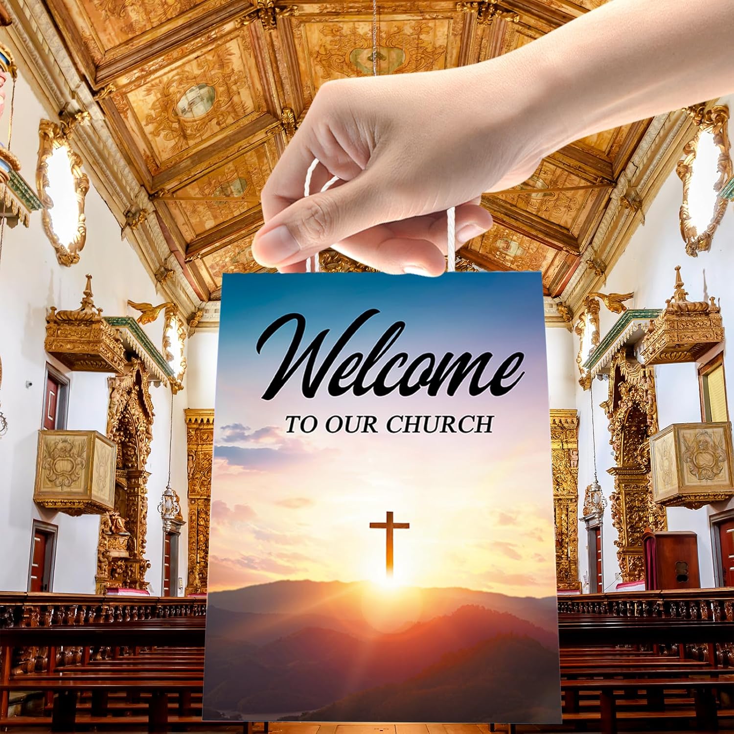 uhearem Church Welcome Bags, 50PCS Christian Gift Bags, Church Gifts Bags, Blessings Bags for Homeless, Offering Baskets for Church, Religious Gift Bags Welcome to Our Church Paper Bags