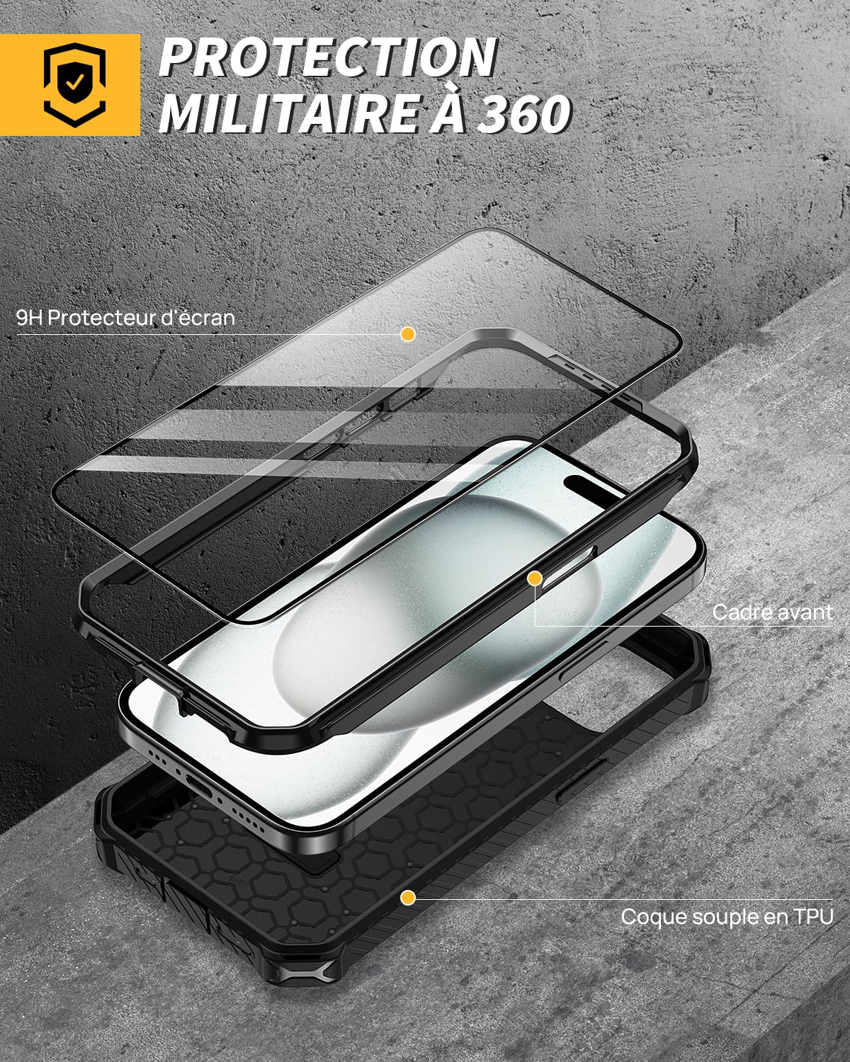 Coque IPhone 16e Lanhiem Avec 2 Verres Trempés - Protection Militaire Antichoc, Support Magnétique Et Anneau Rotatif 360°
