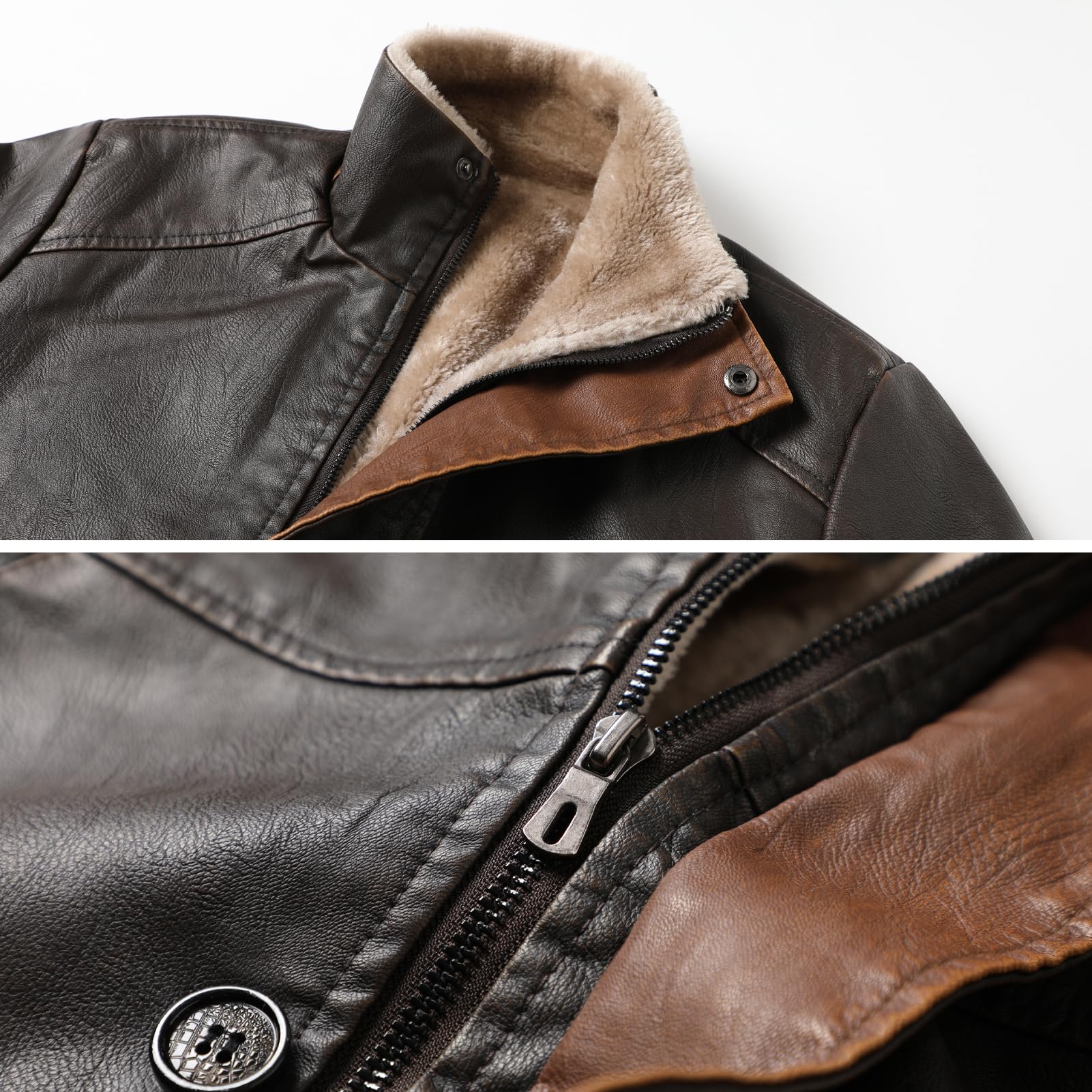 Cazadora Cuero Hombre, Talla Grande de Solapa Cazadora Cuero Invierno Larga Cálido Chaqueta Cuero Chaqueta Polipiel con Guantes de Cuero