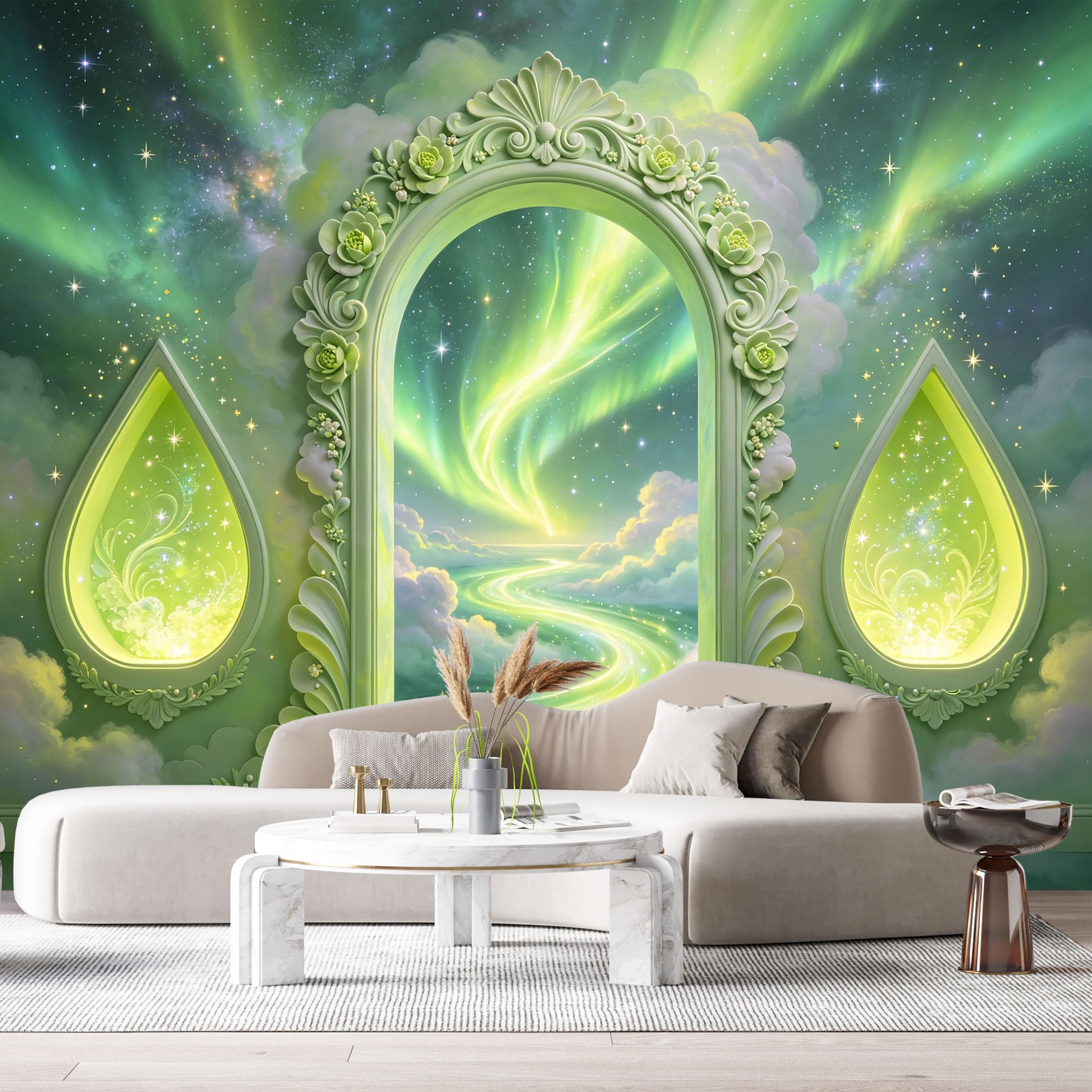 Custom Size Wall Murals Floral Arch Aurora Sky 3D Trompe L'Oeil SelfAdhesiveWall Fabric Removable Wallpaper Wall Decor for Living Room Bedroom Bathroom