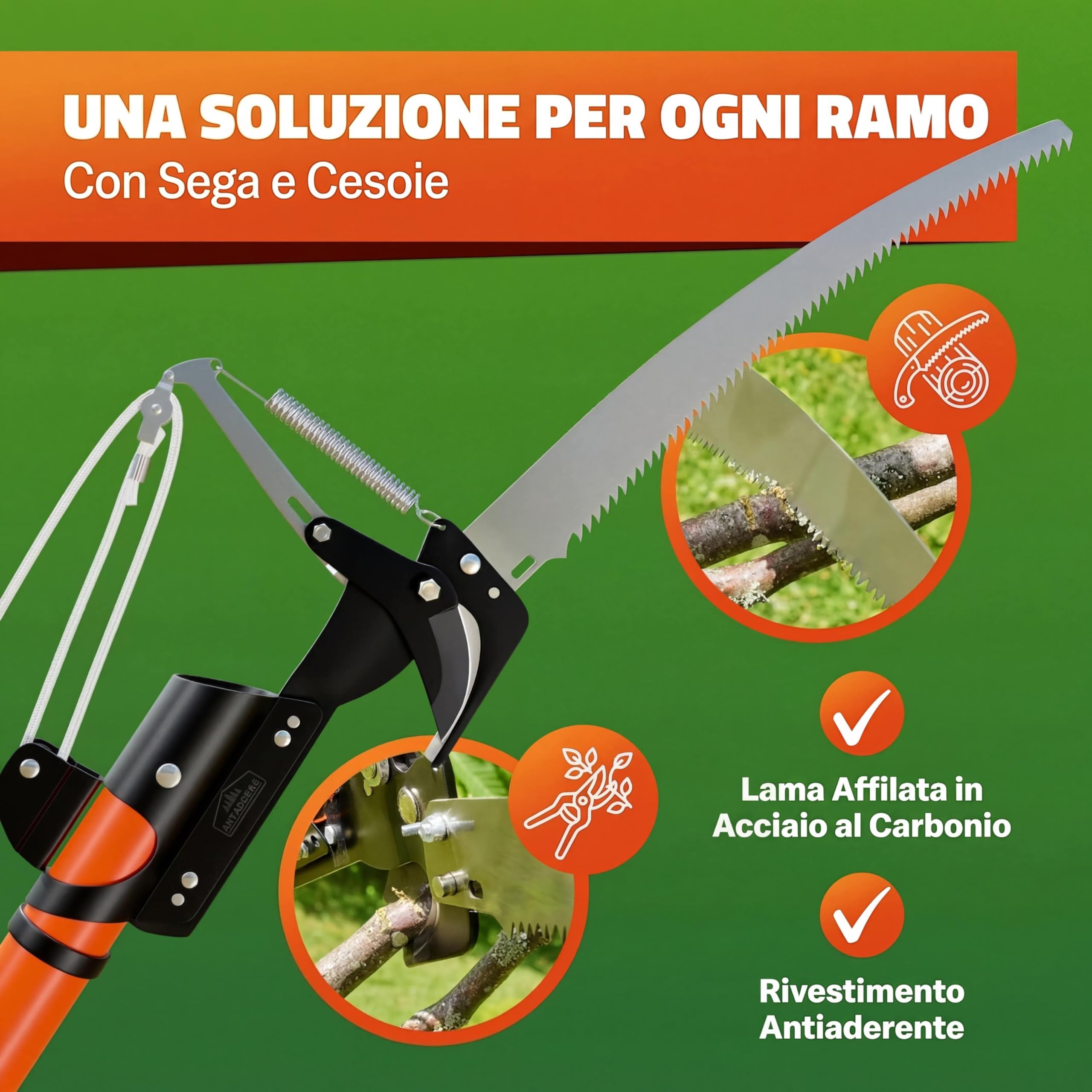 DEUBA® Seghetto Telescopico per Potatura Rami 2in1 Svettatore Cesoia Altezza Max 4 M Cavo in Nylon Segaccio Telescopico