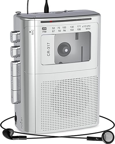 Reproductor de casete portátil con transmisor Bluetooth, reproductor de casete AM FM Walkman con conector de auriculares y altavoz grande, conector