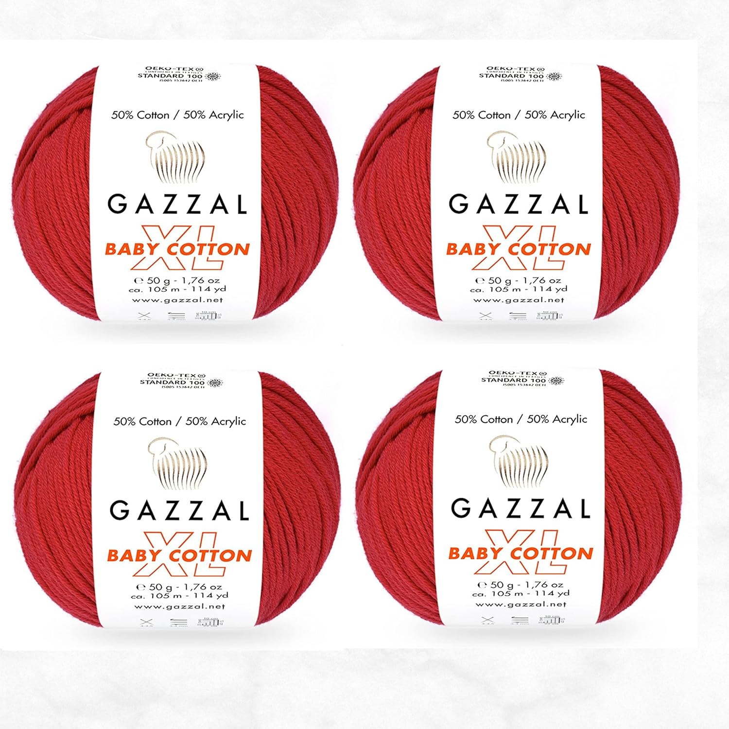 4 Pack (Skein) Gazzal Baby Cotton XL, 50% Soft Cotton 50% Premium Acrylic, Each 1.76 Oz (50g) / 114 Yrds (105m),DK- Worsted Baby Popular Yarn (4 Pack, Red - 3443), GazzalBCXL