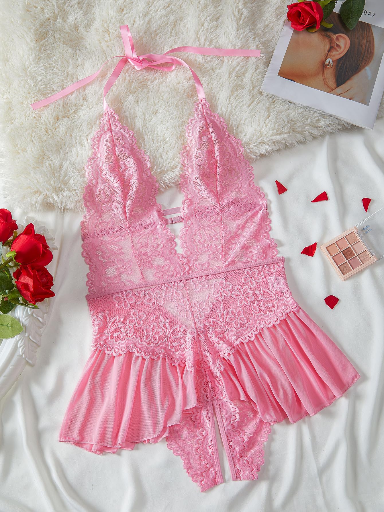 WBDWWTD Nuisette Sexy pour Femme en Dentelle Florale - Body Dos Nu en V Profond - Une pièce Dos Nu - Chemise de Nuit Creuse - Jupe en Maille - Patchwork - Chemise de Nuit pour Femme pour la