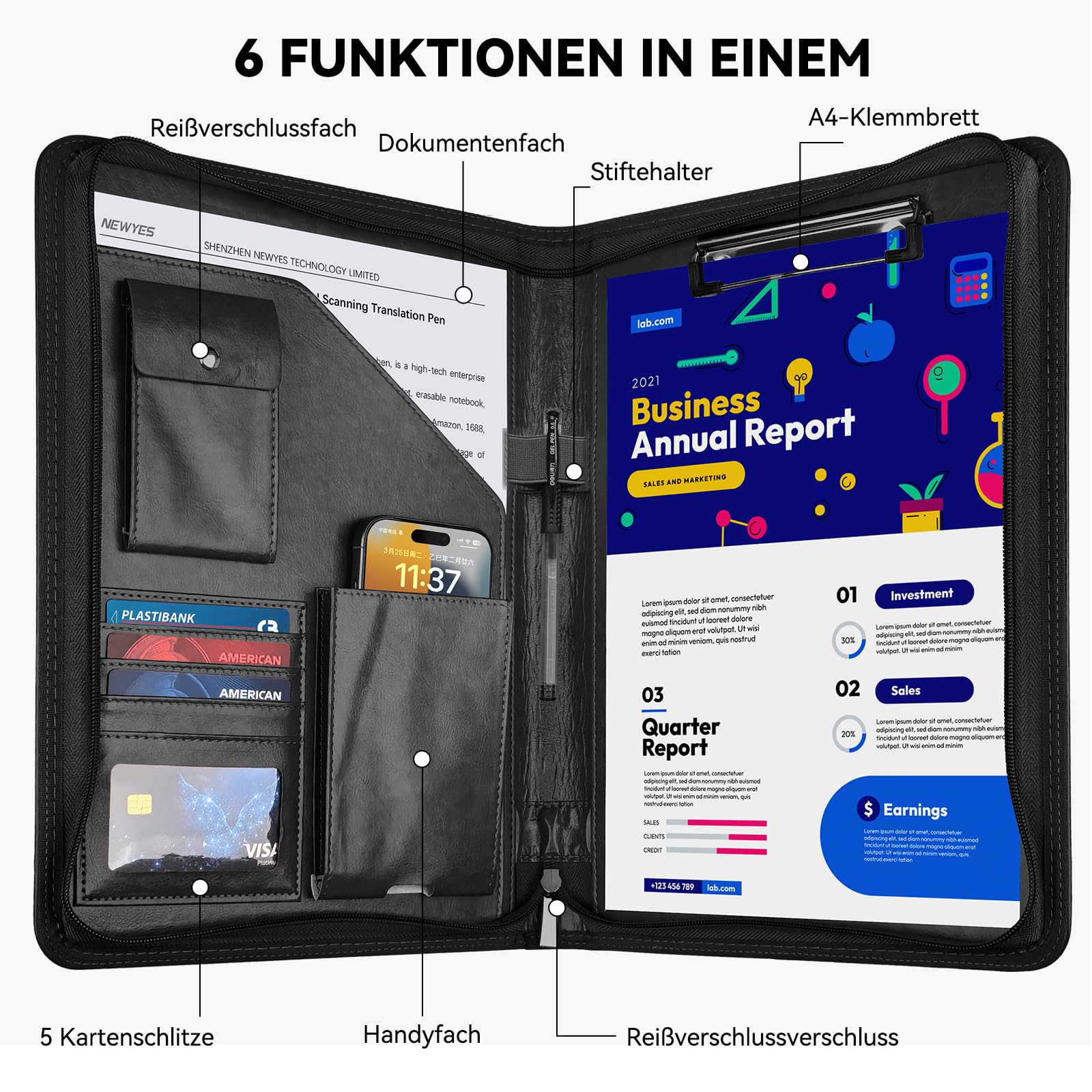 Dokumentenmappe A4, Wasserabweisend mit Reißverschluss &Klemmbrett, Kunstleder Mappe Ideal für Geschäftsreisen, Lehrer als Herrengeschenk oder für den Büroalltag – Schwarz