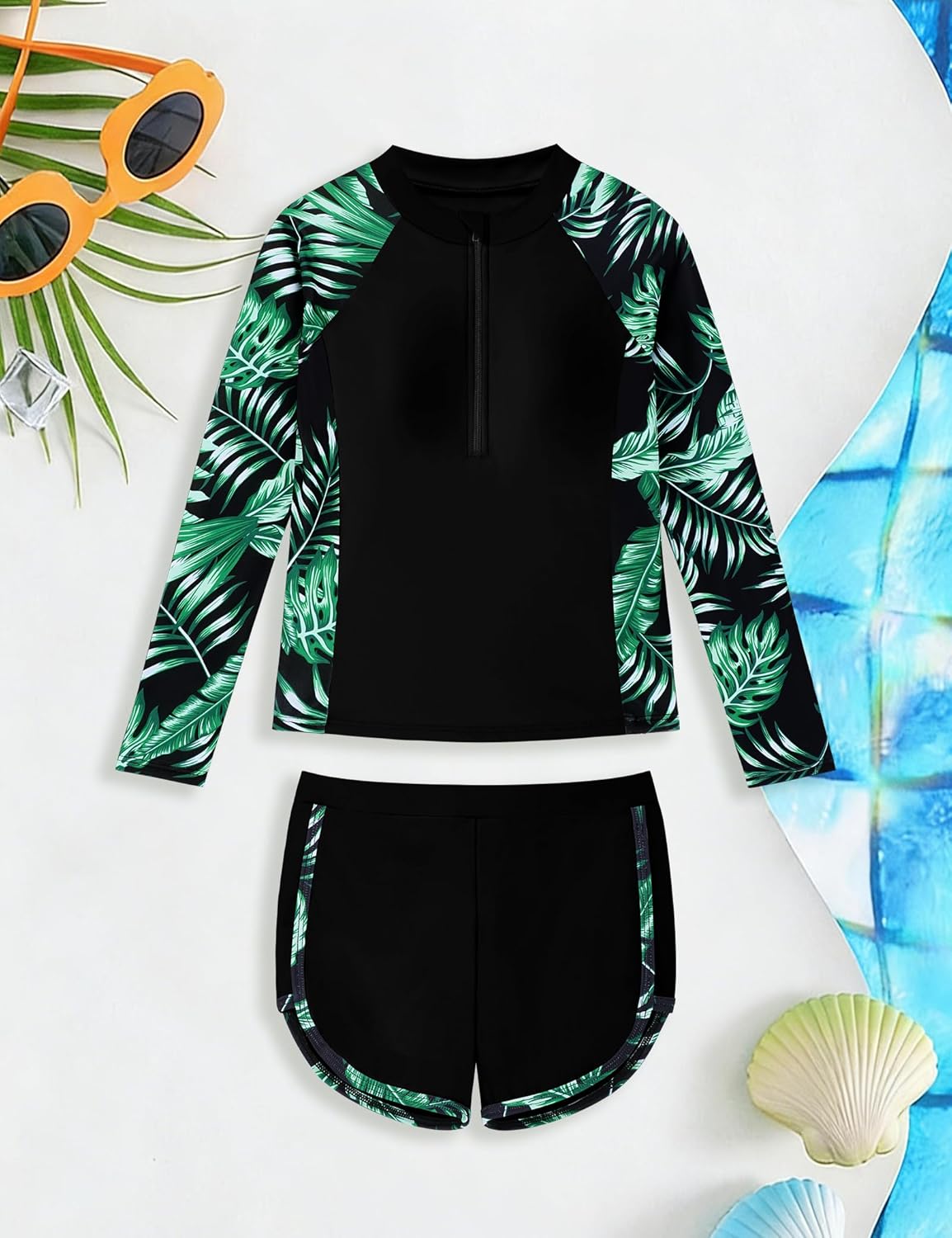 Girls Rash Guard Swimsuit Tropical Print Shirt with Shorts for Sports Girls Swimsuits Size 9-16Y
