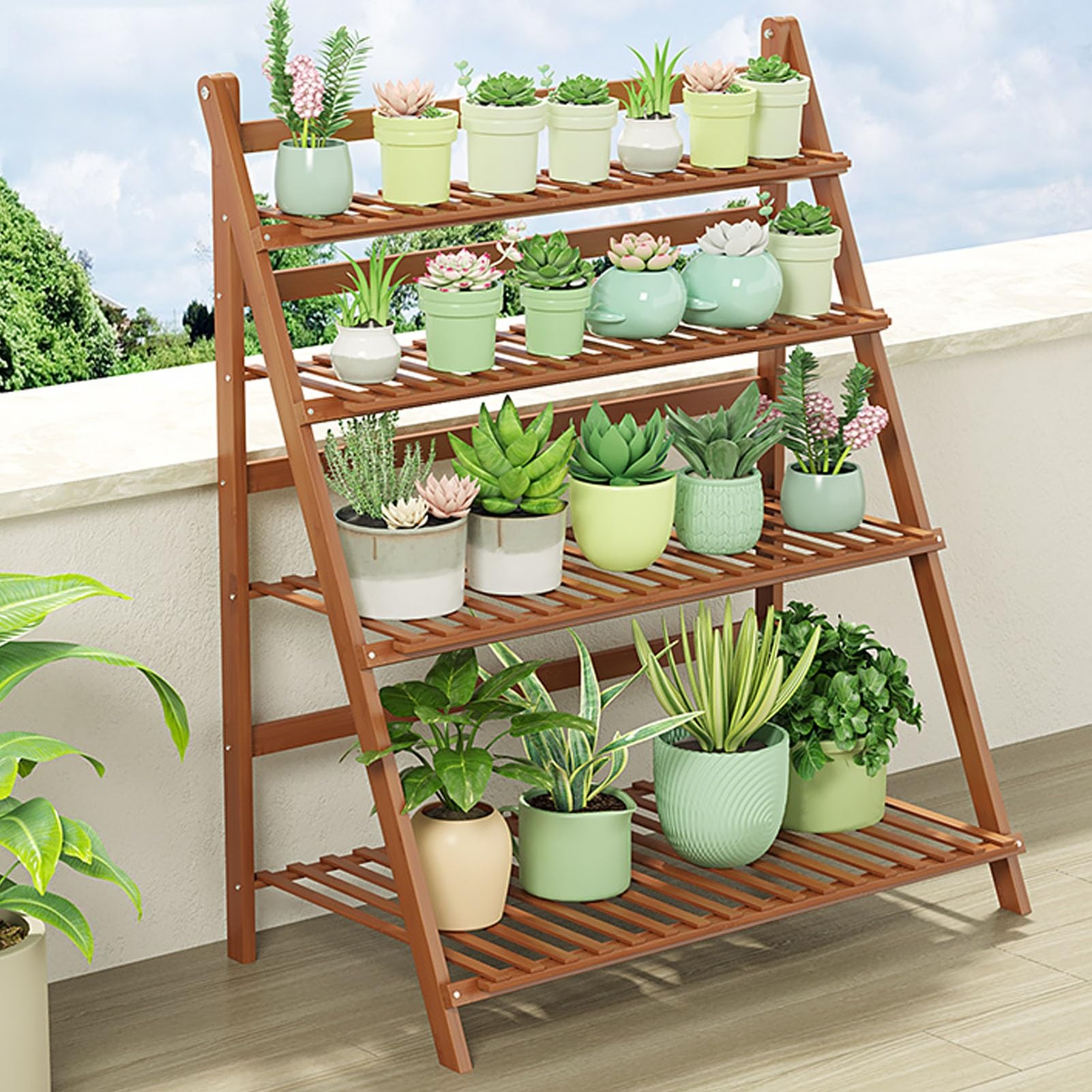 Support pliable en bambou à 4 niveaux pour terrasse, balcon, jardin, support de pot de fleurs multifonction avec design échelle (marron, 50 cm)