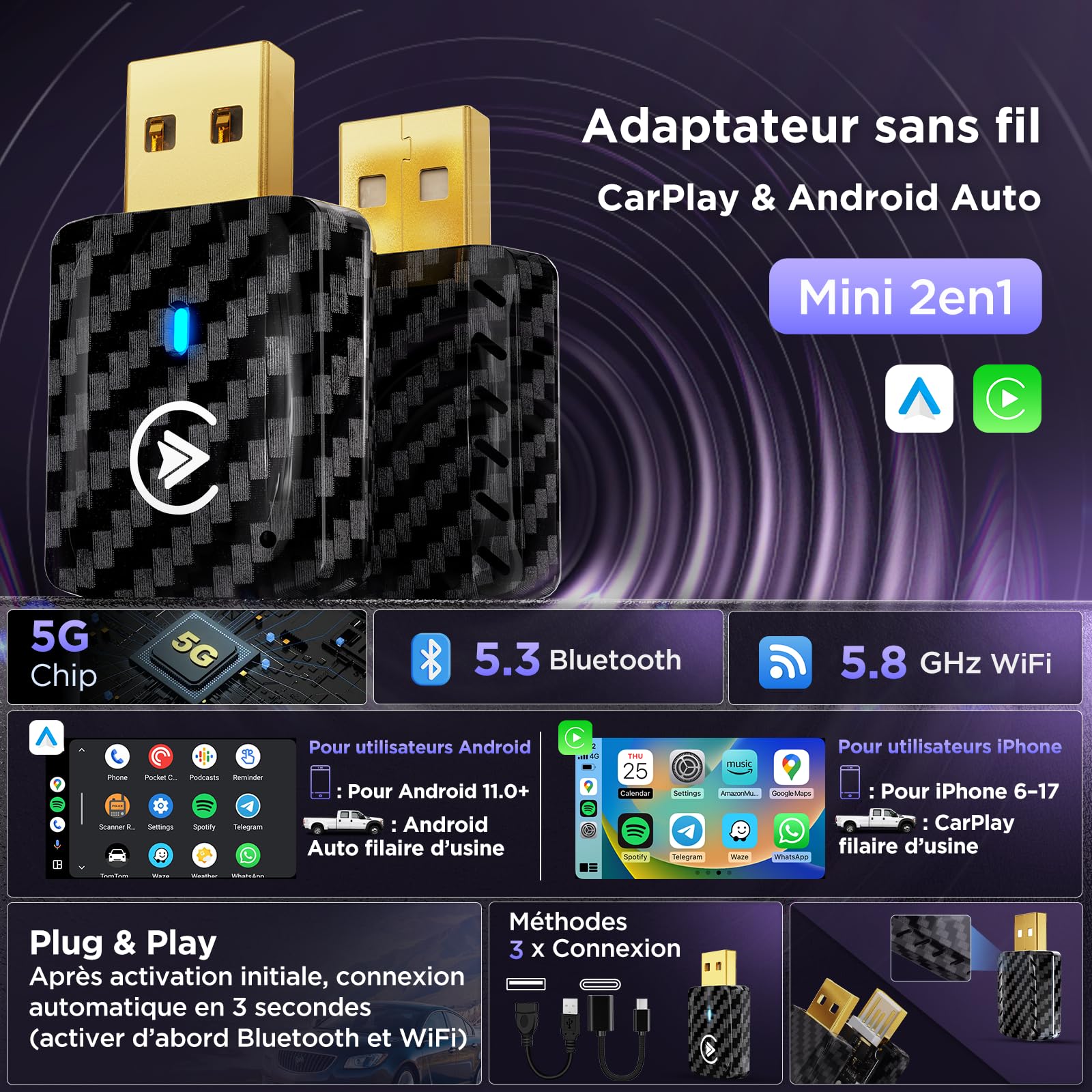 MSXTTLY Adaptateur CarPlay sans Fil Android Auto - U2AC-01 Transforme CarPlay & Android Auto Filaire en sans Fil, Compatible avec iPhone 12–17 Pro Max & Android 11+, USB-C/A, Noir