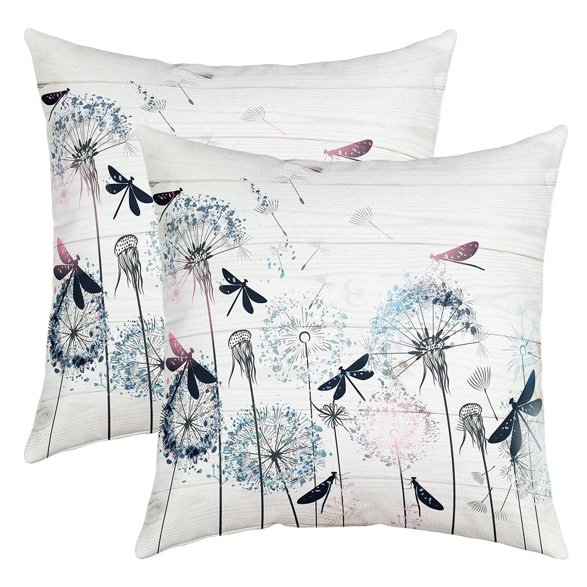 Richhome Multi 10 Blue Dandelion Pillow Cover For Living Room Couch Decor Rustic White Wooden Board Square Soft Throw Pillow Cover Flying Dragonfly Decorative Cushion Cover,Pack Of 2,18"X18"