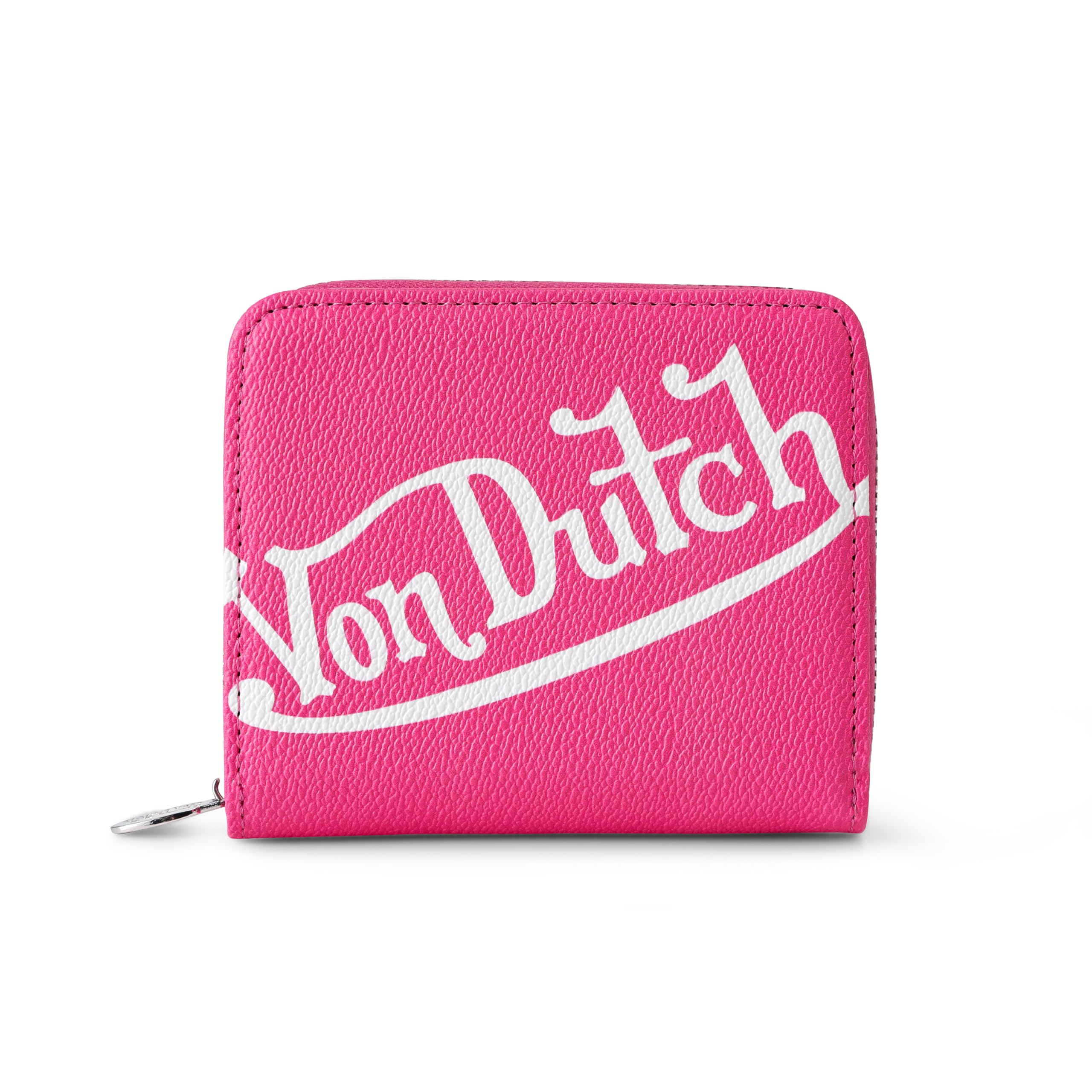 Von Dutch Zip-Up Wallet with ID Window, Vegan Leather, Slim Unisex Design for Men & Women (Classic Signature, Hot Pink)