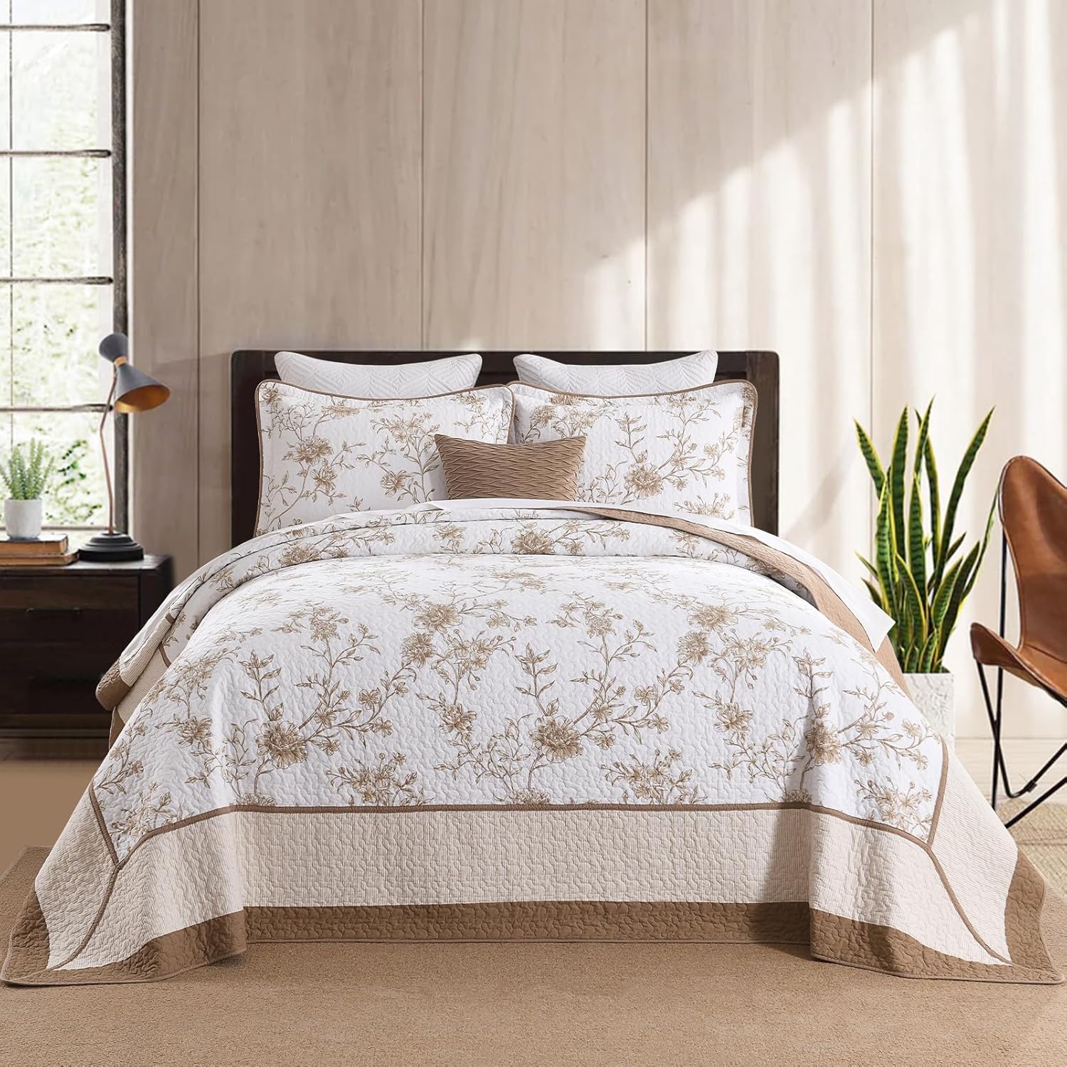 Farmhouse Bedspread King Size 120"x120" - 100% Cotton Lightweight Oversized King Quilt with 2 Pillowshams, Cottage Reversible Botanical Quilted Bedding Coverlet Set, 3Pcs, Brown/Beige