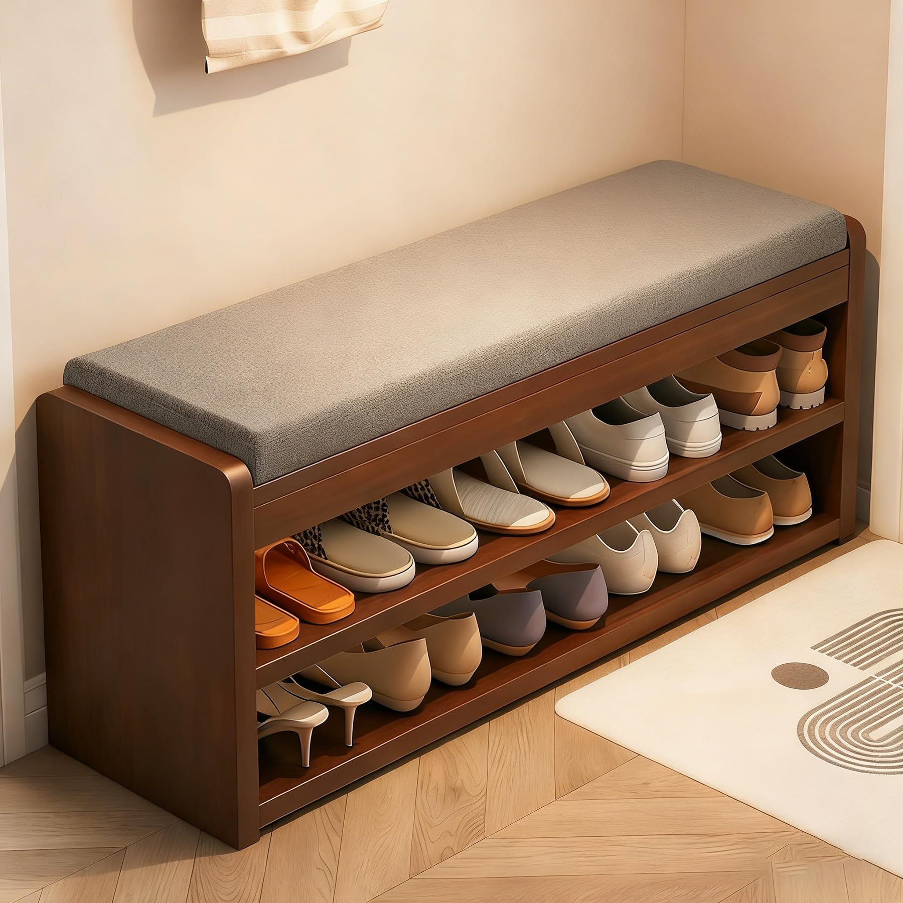 Banc à chaussures en noyer 100cm avec coussin en lin