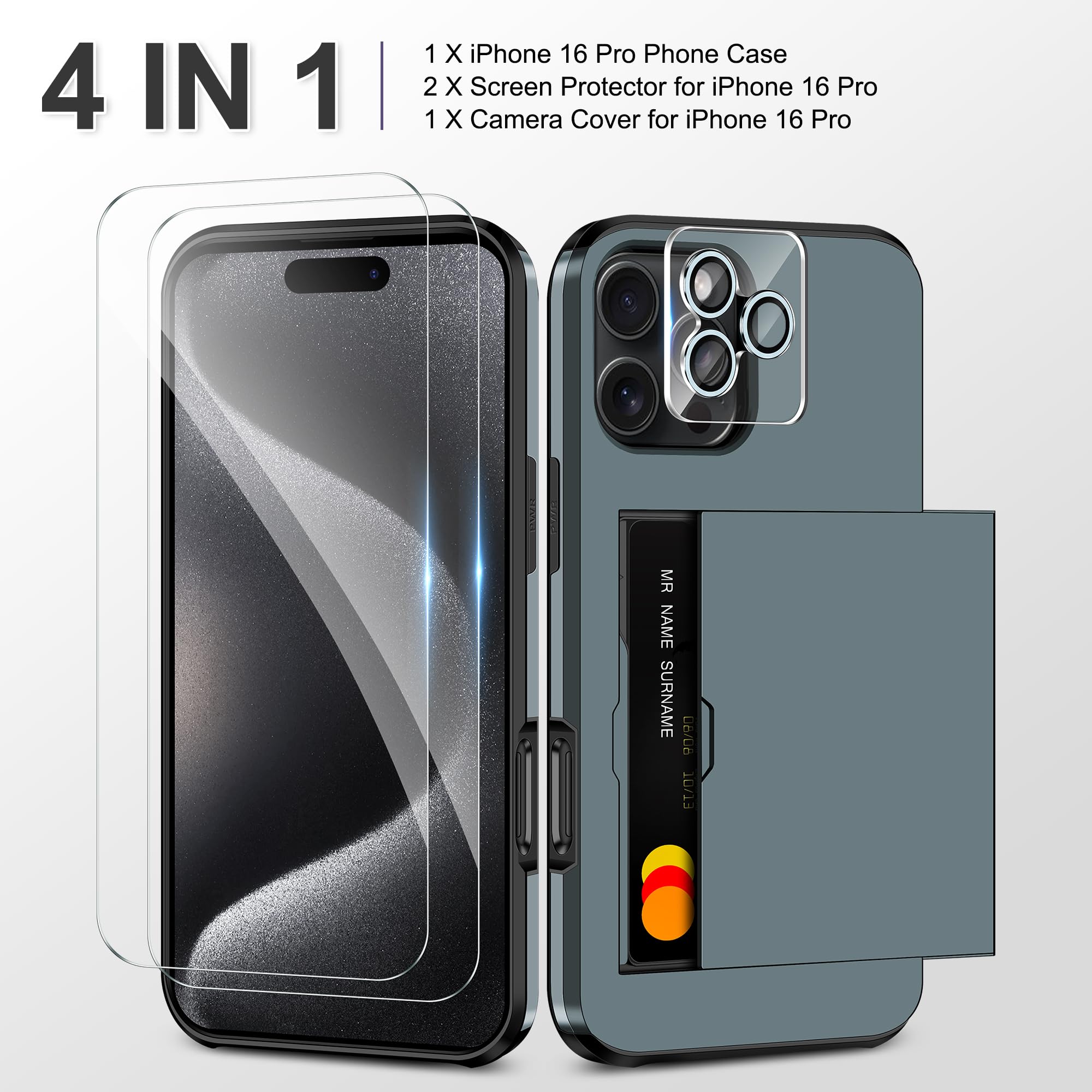 Coolden for iPhone 16 Pro Case with Card Holder & 2 Screen Protector + 1 Camera Lens Protector Full Body Heavy Duty Protective Case Shockproof Wallet Case Cover for iPhone 16 Pro Phone Case-Navy - Image 2