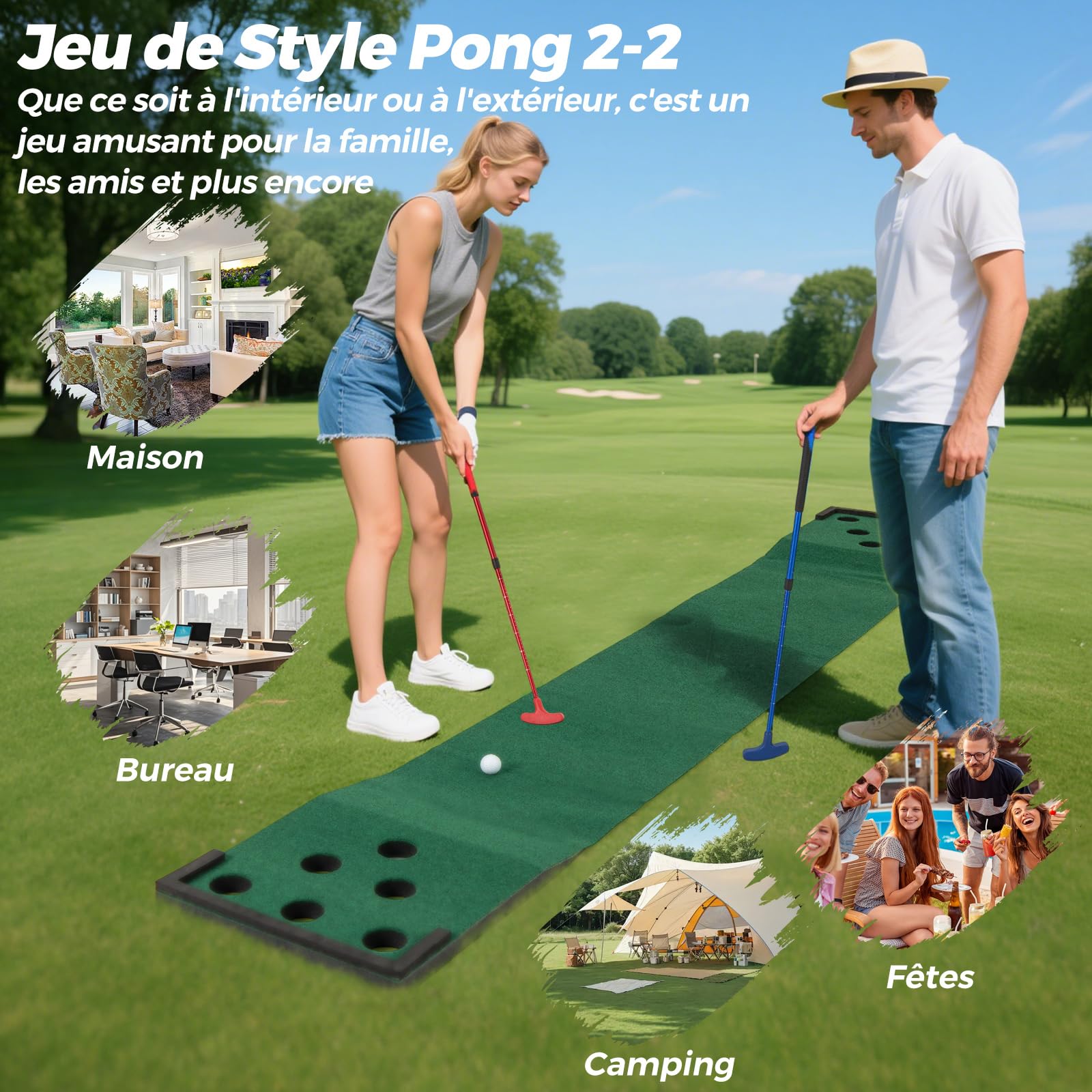 COSTWAY Tapis de Putting Entraînement Golf, Golf Putting avec 2 Putters Ajustables, 6 Balles et 12 Couvercles de Trous pour Fête, Tapis d'Entraînement pour Intérieur/Extérieur