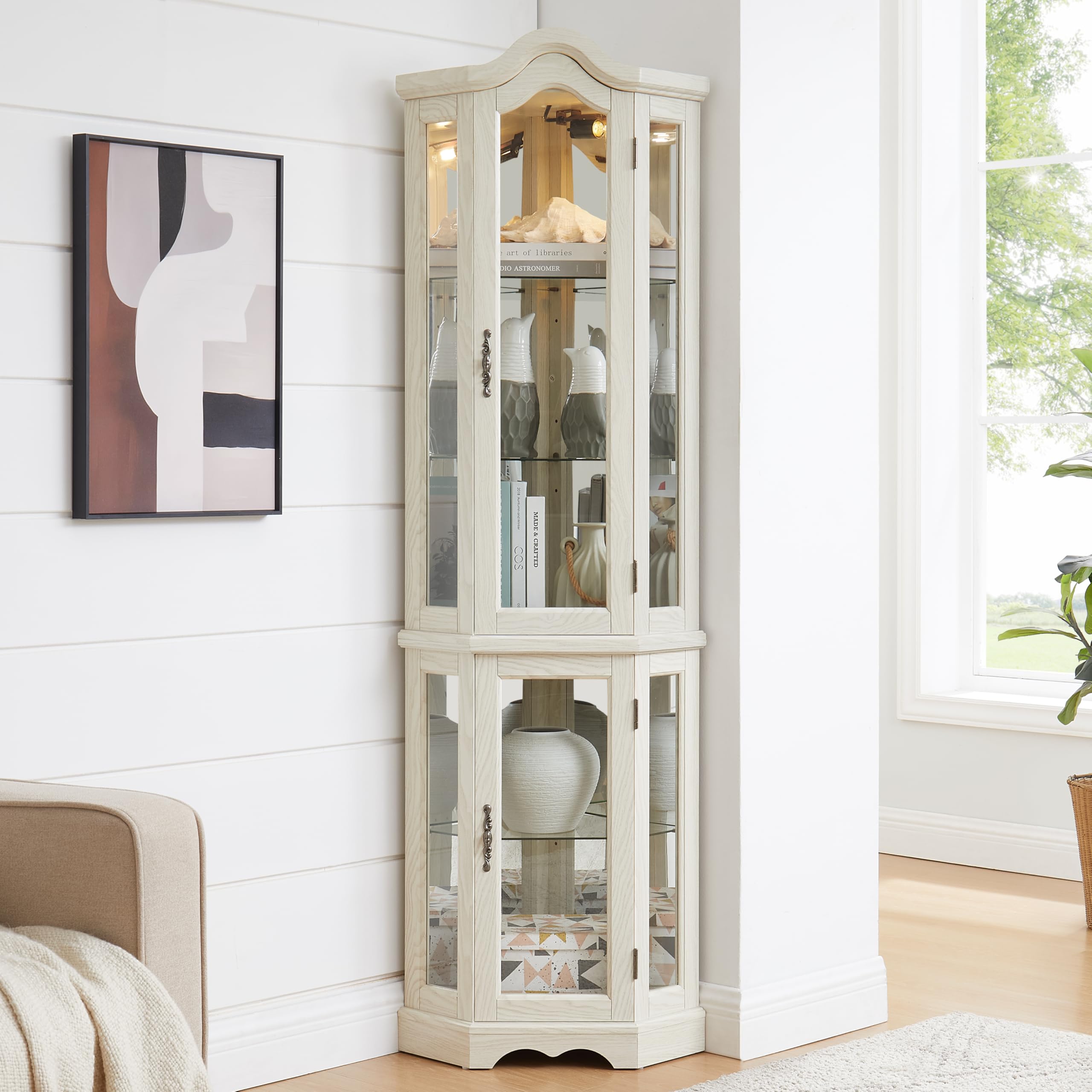 70" Lighted Large Bar Cabinet, Versatile Pantry with Tempered Glass Doors, Cabinet Organizer with Adjustable Shelves for Living Room &amp; Home Display, White