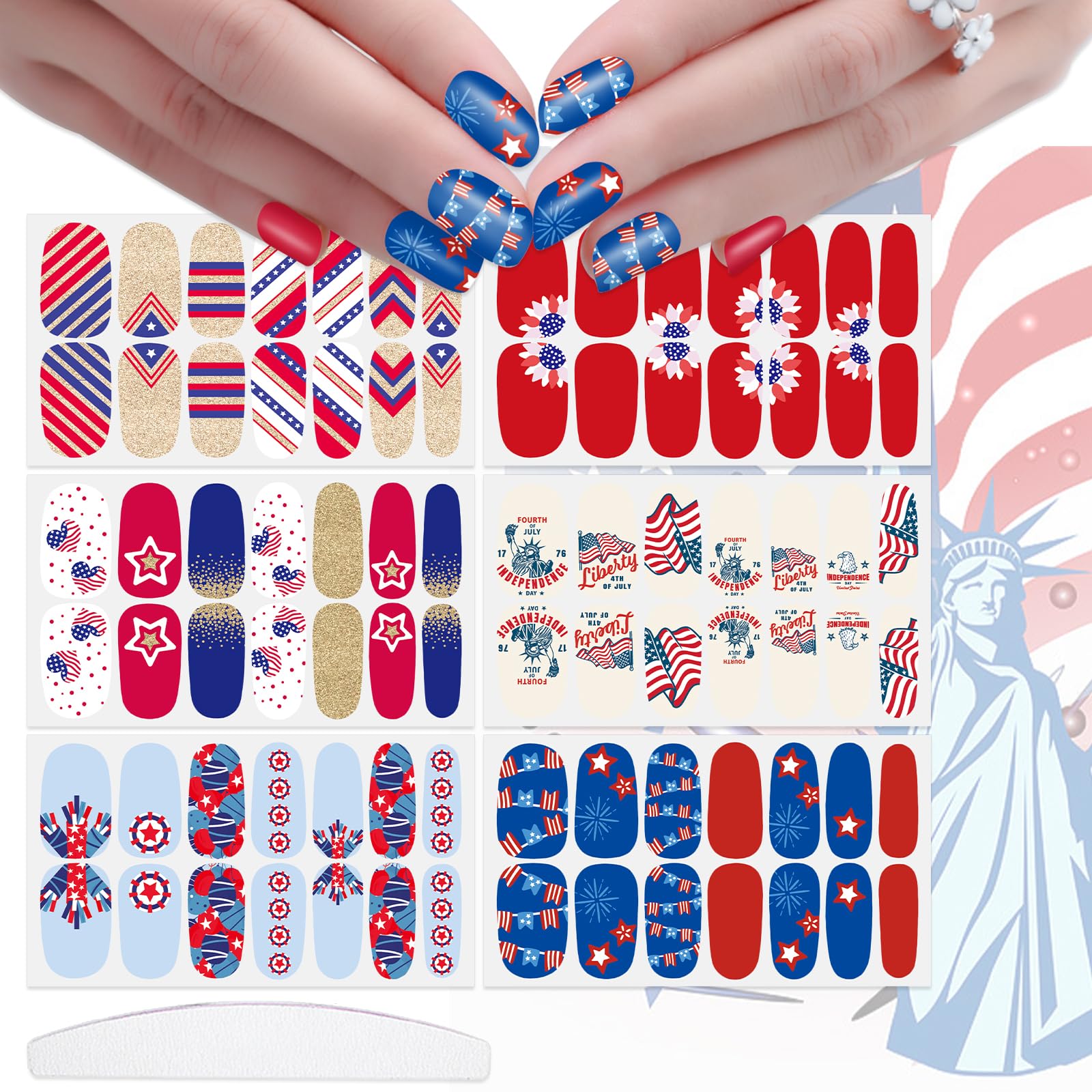 JERCLITY 6 Sheets 4th of July Nail Wraps for Women Independence Day Nail Polish Strips Patriotic Nail Strips Self-Adhesive Nail Stickers with Nail