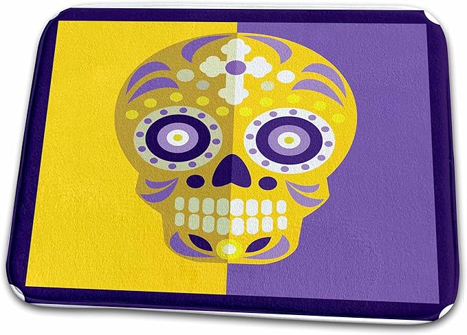 3dRose Bathroom Bath Rug Mat - Sugar Skull Light Gold and Purple with Cross Sugar Skulls