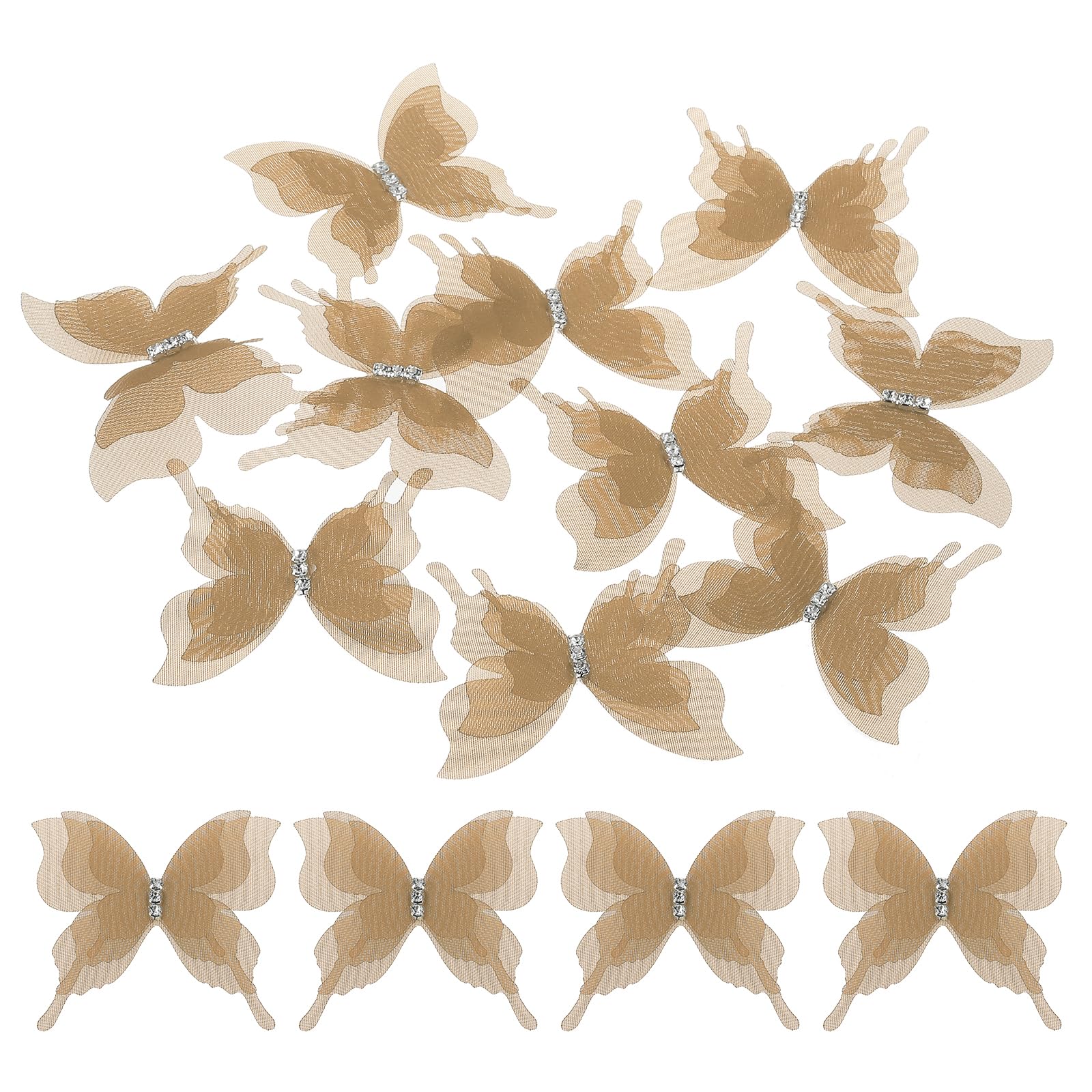sourcing map 20Pcs Sheer Mesh Butterfly Appliques, 50mm Three Layers Butterflies with Gem Applique Patch DIY 3D Craft Ornament for Wedding Party Home Decor Clothes, Brown