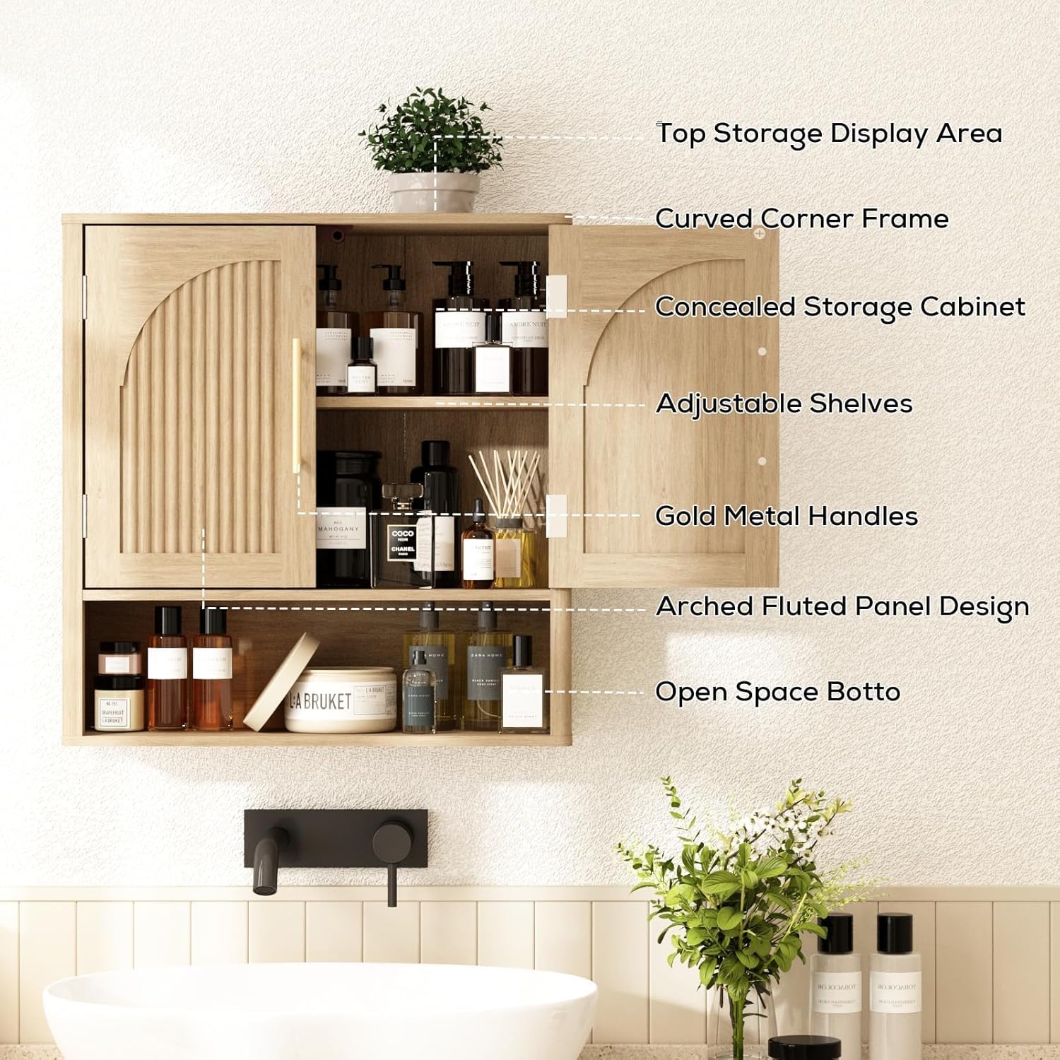 RUSTOWN Fluted Bathroom Wall Cabinet, Mid Century Modern Medicine Cabinet W/Adjustable Shelf & 2 Arched Doors, Over The Toilet Storage Cabinets for Laundry Room Kitchen Living Room, Natural Oak
