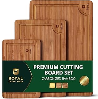 ROYAL CRAFT WOOD Wooden Cutting Boards for Kitchen Meal Prep & Serving - Bamboo Wood Serving Board Set with Deep Juice Groove Side Handles - Charcuterie & Chopping Butcher Block for Meat