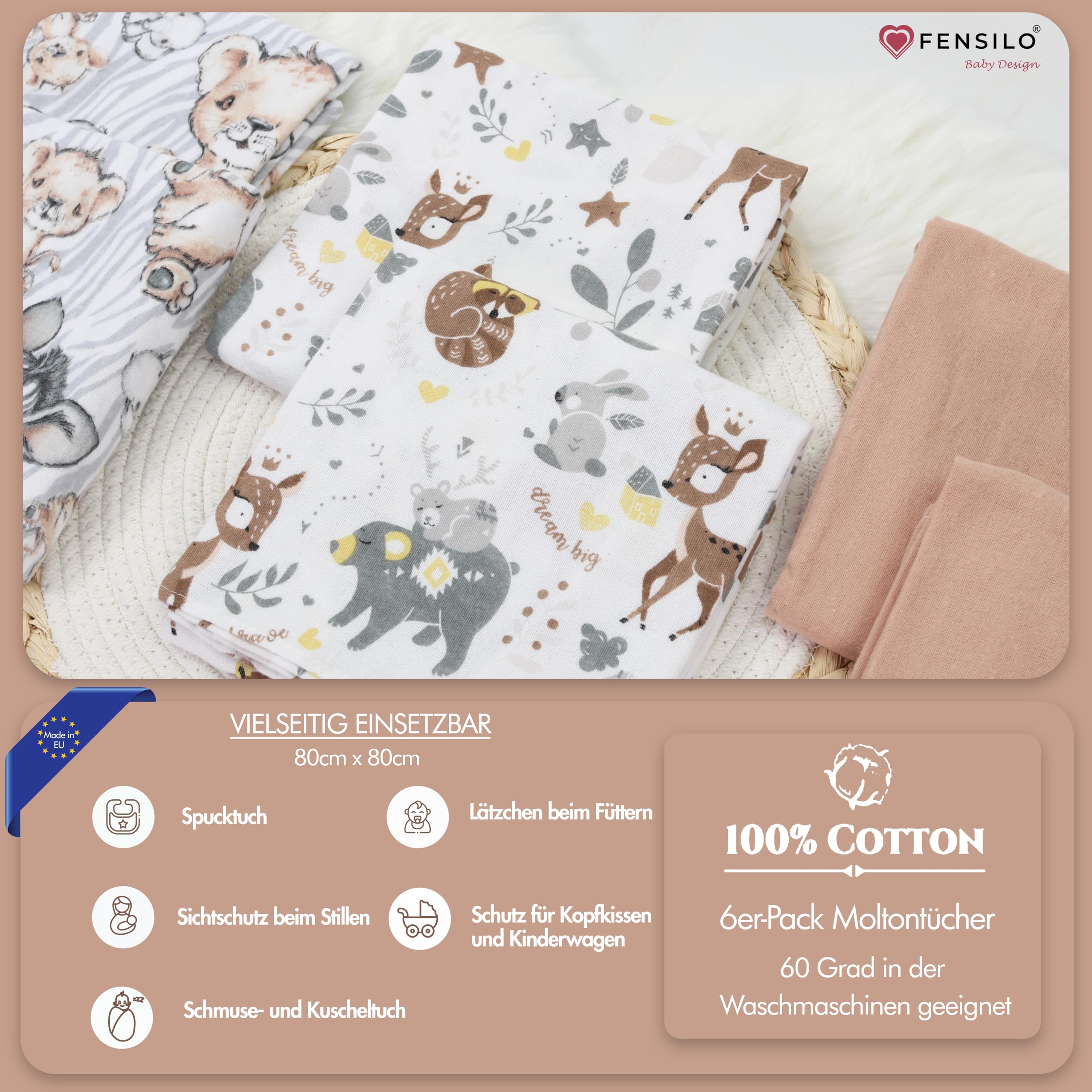 FENSILO Torchons en Flanelle Molleton - Paquet de 6 Couches 100% Coton, 80x80 cm, Motif Animal CERF pour Bébé Unisexe