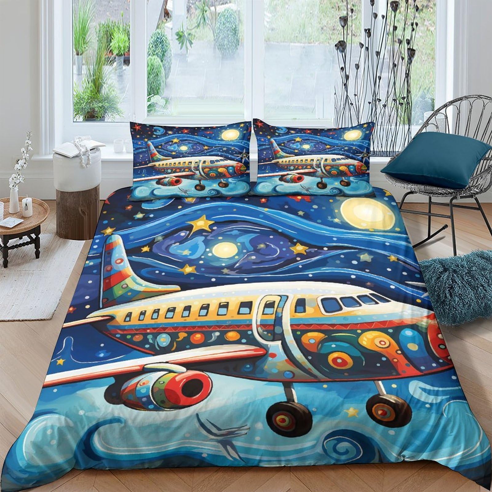Ctjqhvkz Style-6 3D Printed Airplane Starry Sky Fitted Sheet Microfiber Soft Mattress Cover For Bedroom Dorm Mattress Protection Decor Single（135X200cm）
