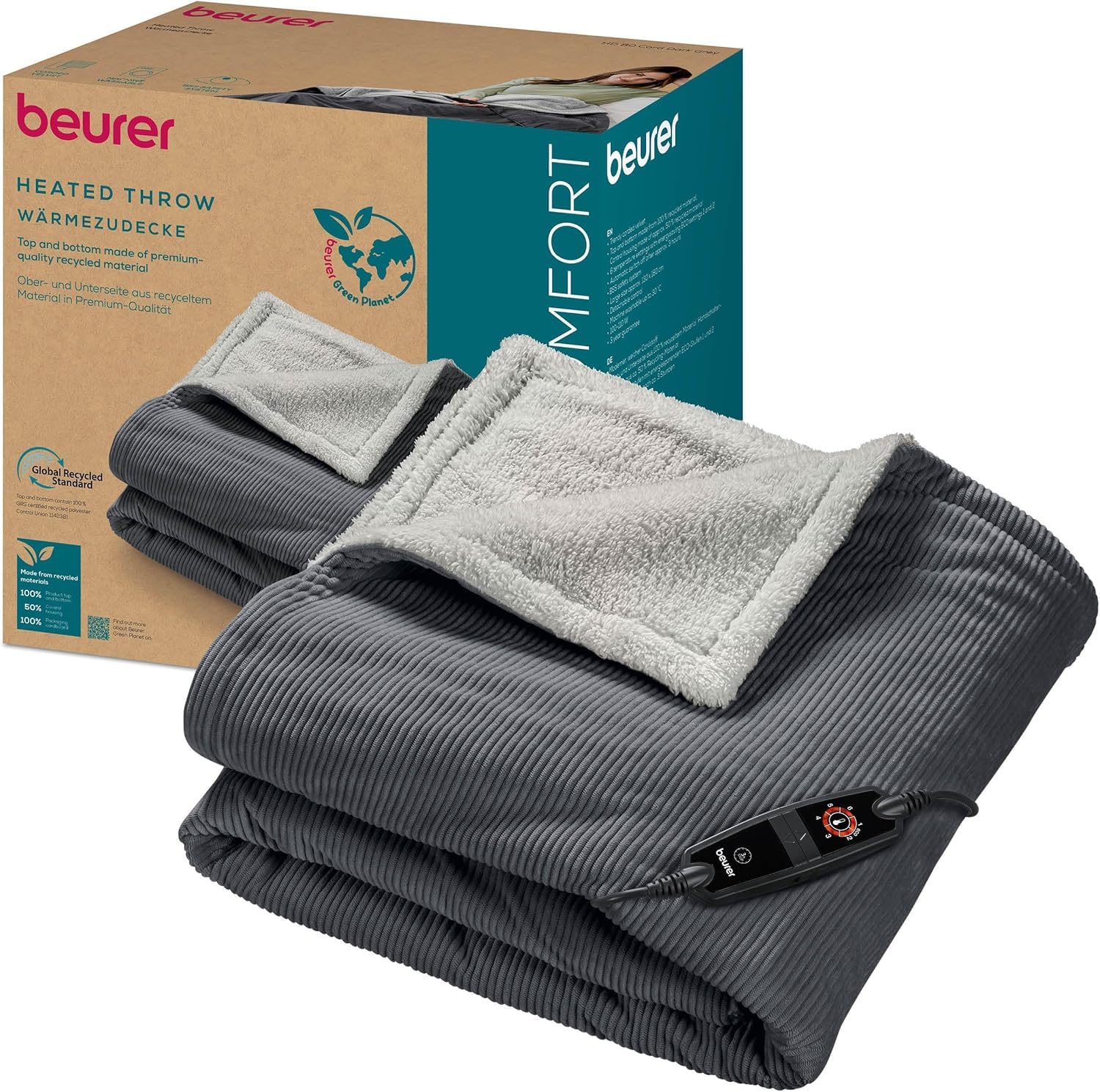 Beurer HD 80 Cord grau Heizdecke, kuschelige Wärmedecke mit 6 Temperaturstufen, recycelte Materialien, mit Abschaltautomatik und Sicherheitssystem, Kuscheldecke aus trendigem, weichem Cord-Stoff