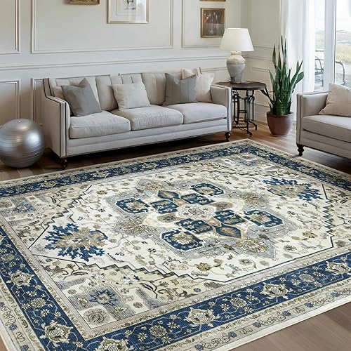 Area Rugs for Living Room 9x12 - Large Machine Washable Vintage Oriental Soft Rug, Low Pile Thin Carpet with Non Slip Backing for Bedroom, Dorm, Under Dining Room Table, Indoor House, Office Decor