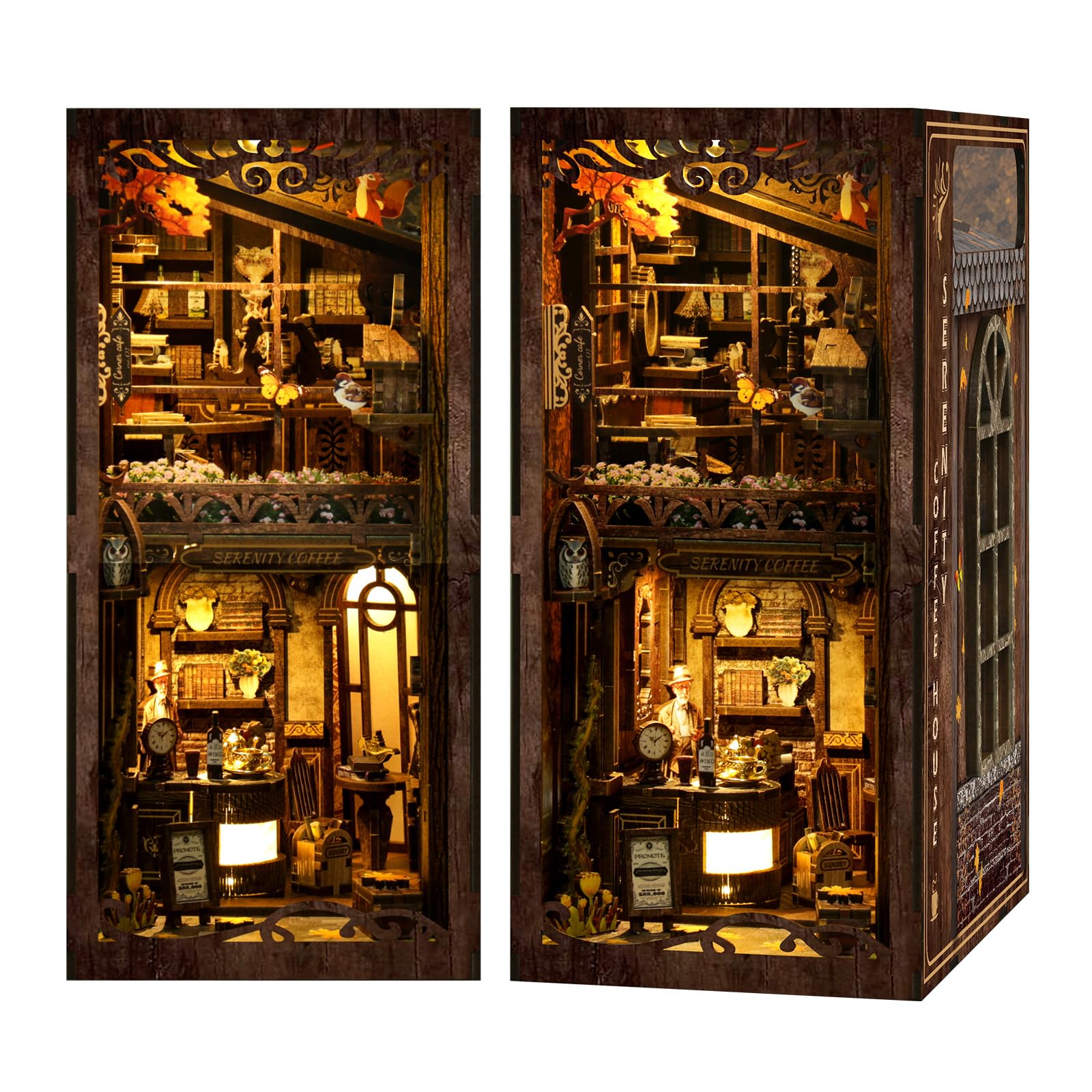 Clover&Clover Kit de rincón de libros con luces LED, casa de muñecas en miniatura para bricolaje, inserto de estantería de madera, rompecabezas de madera 3D, regalo para los amantes de los libros