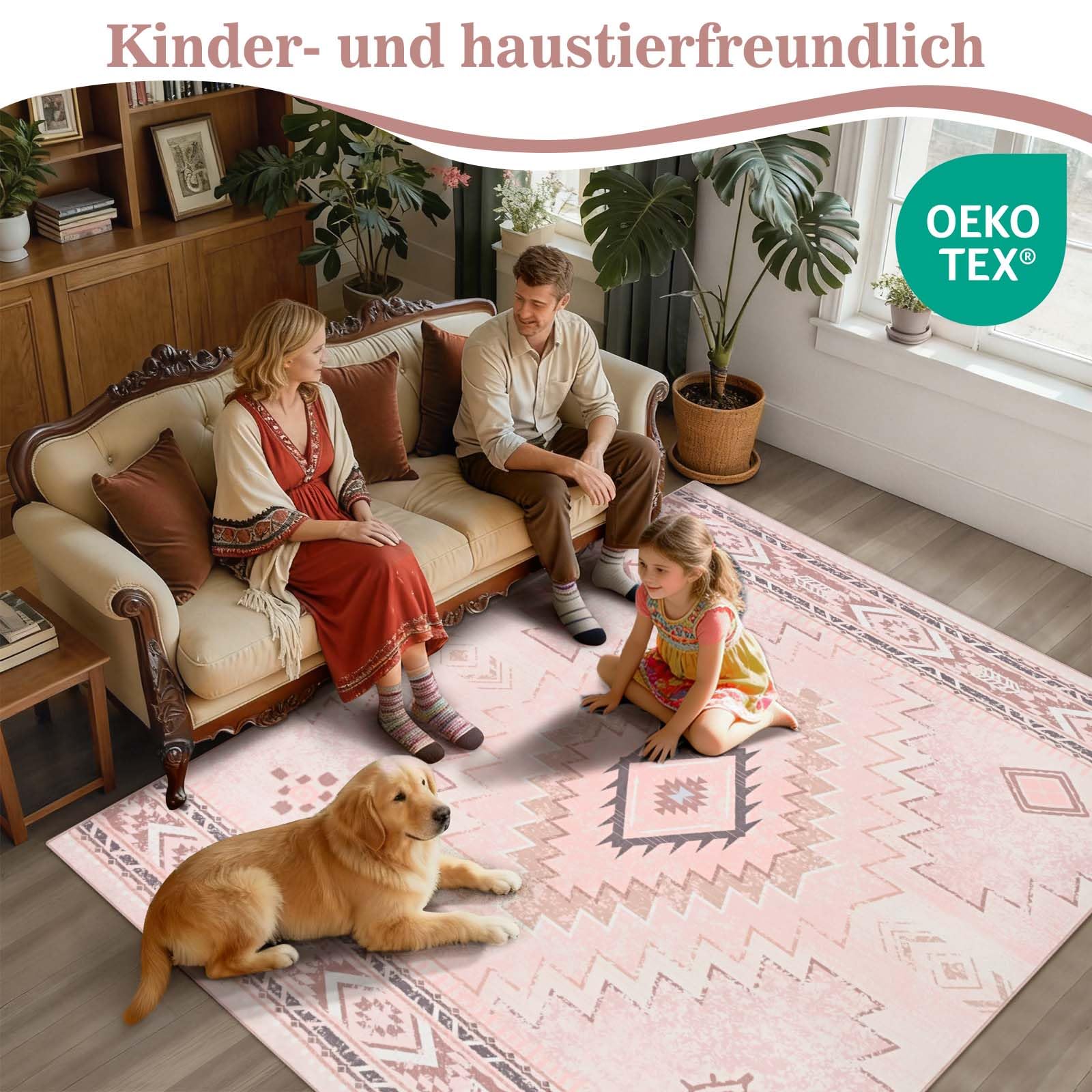 Alishomtll Teppich Läufer, Vintage Geometrisch Teppich Rosa 160x230 cm | Rutschfest Kurzflor Küchenteppich, Weich Waschbar Flurläufer für Wohnzimmer Schlafzimmer Arbeitszimmer Küche Eingang