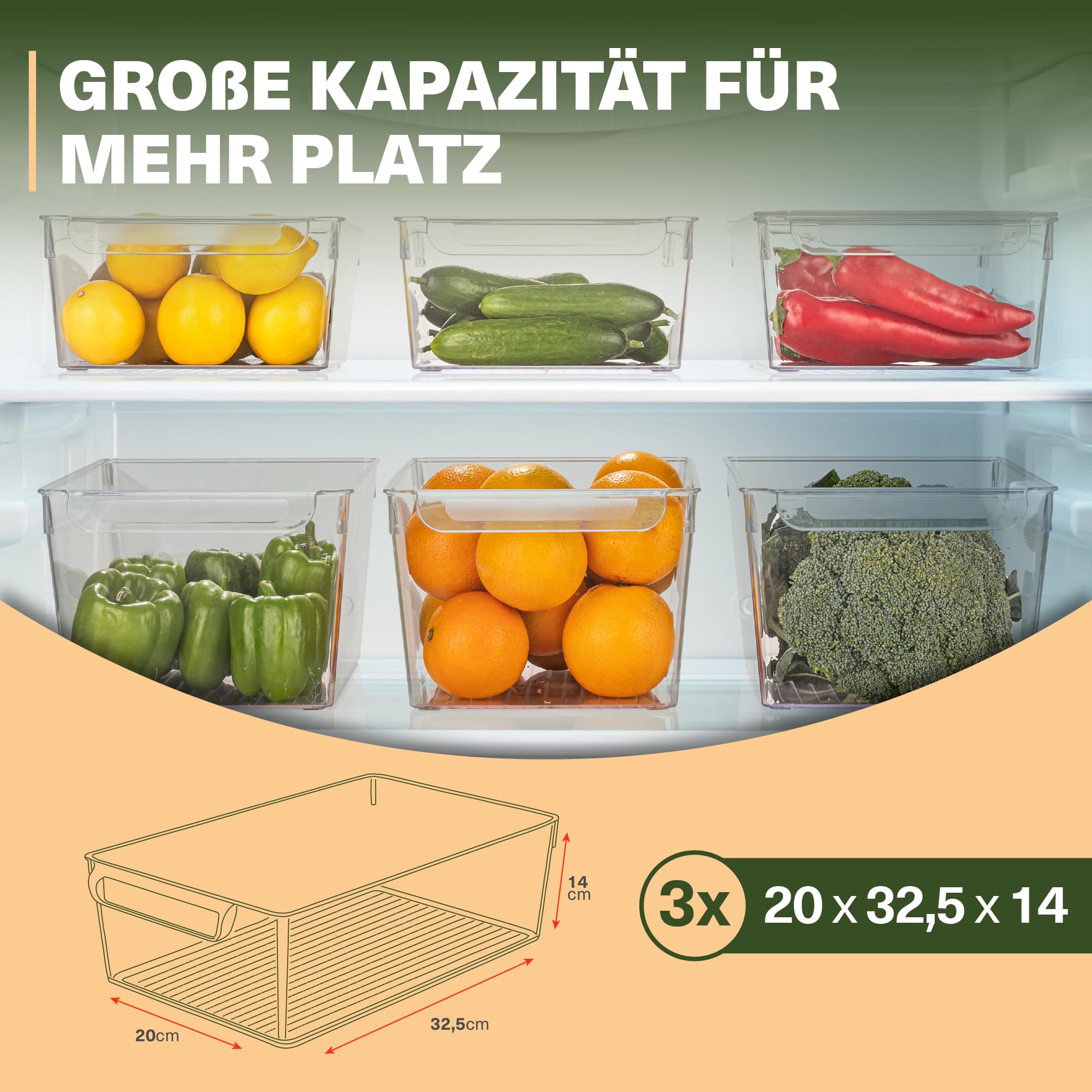 Viwares Organizador para frigorífico con tapa, juego de 3 unidades, almacenamiento transparente para embutidos, frutas y verduras, recipiente de almacenamiento para conservar la frescura, 20 x 32,5 x