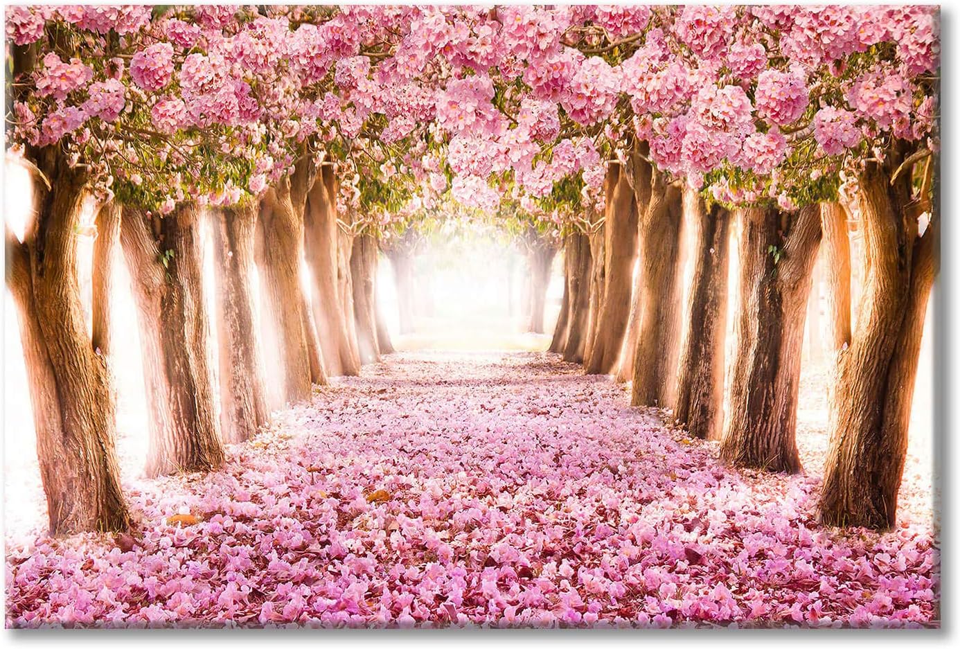 UTOP-art Pink Flower Picture Wall Art: Forest Tree Path Artwork Landscape Painting on Wrapped Canvas for Living Room (36'' x 24'' x 1 Panel) pink wall art 36'' x 24''