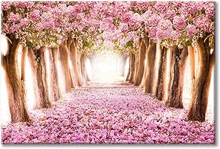 UTOP-art Pink Flower Picture Wall Art: Forest Tree Path Artwork Landscape Painting on Wrapped Canvas for Living Room ( 3...