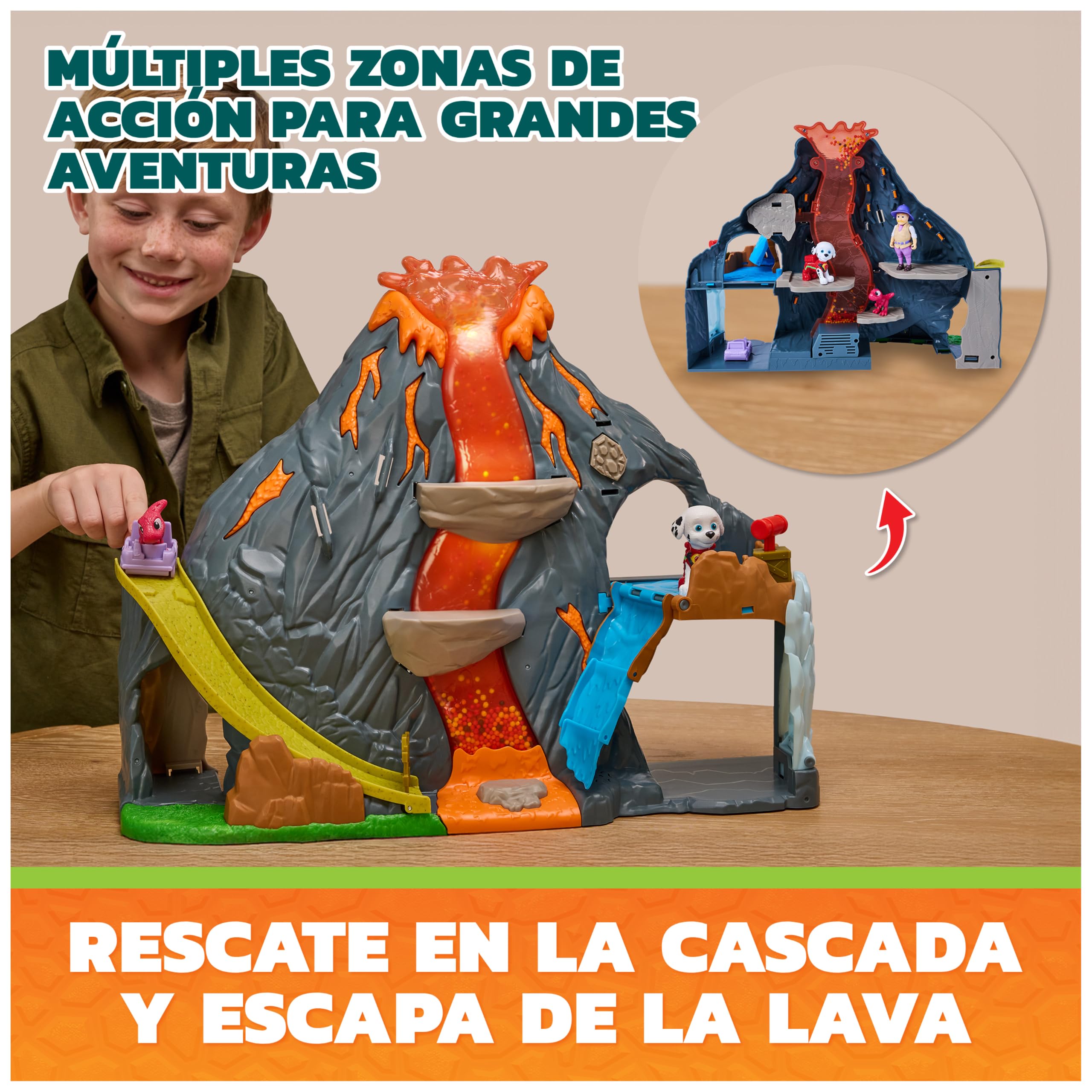 Paw Patrol: The Dino Movie, Set de Juego Super Lava Blast Volcano con Luces y Sonidos, Figuras de acción de Marshall y Rhubarb, Juguetes para niños y niñas preescolares, a Partir de 3 años