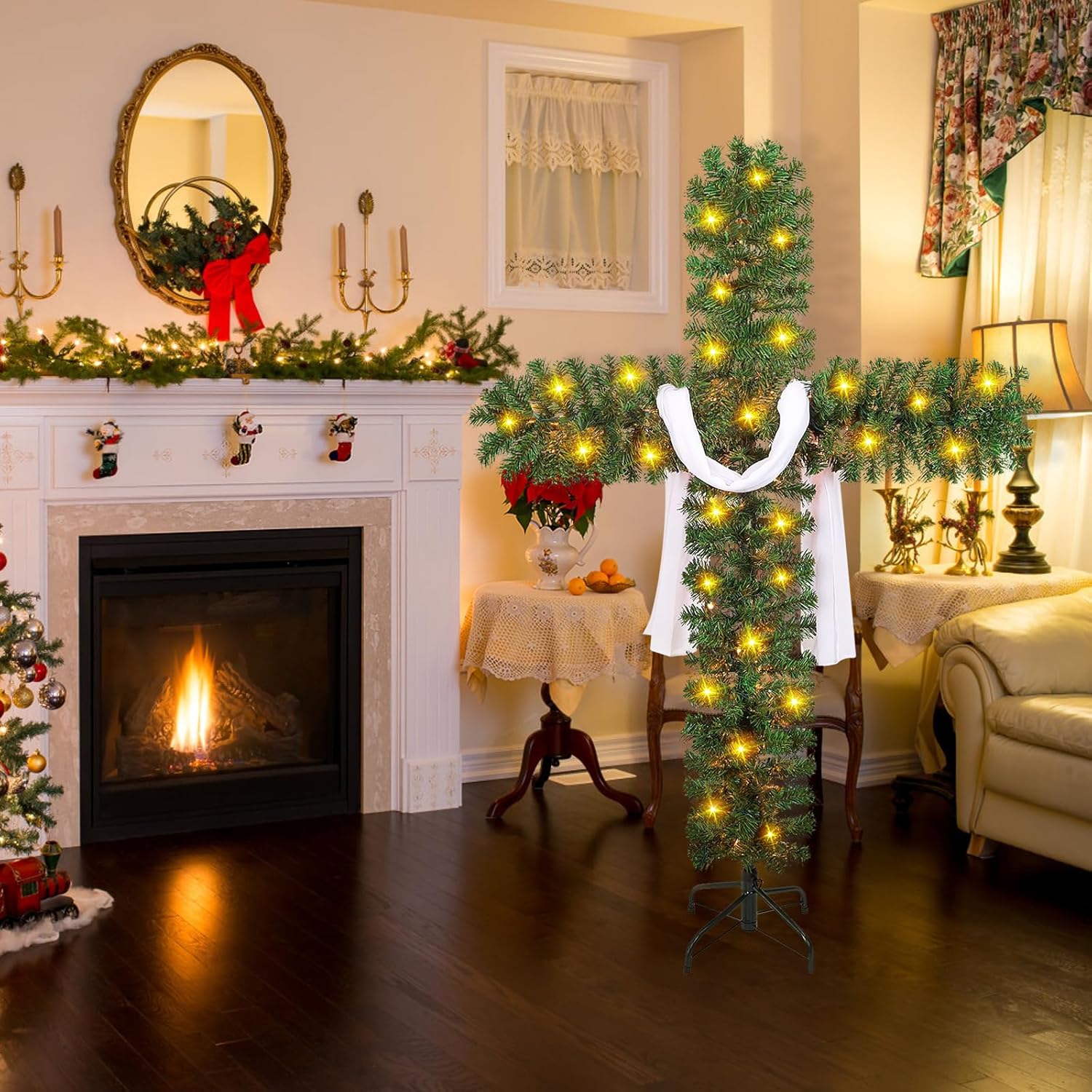 5ft Christmas Cross Tree with 100 Lights and a White Silk Scarf Christmas Decorations Jesus Christ Catholic Cross Decor He is Risen for Outdoor Home Decor (5 ft)