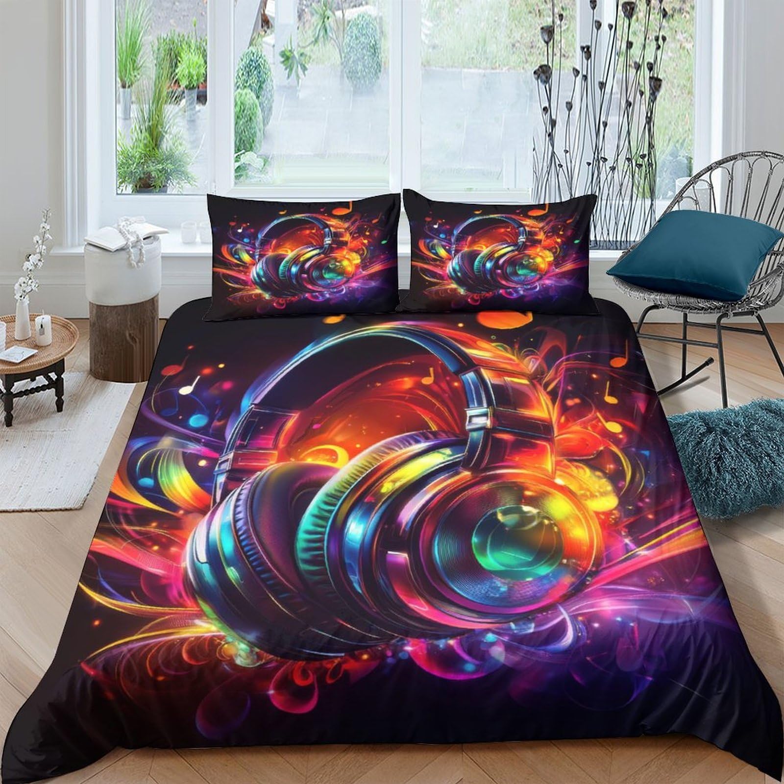 GPLZQXKJNH 3D Printed Abstract Headphones Duvet Cover Microfiber Vibrant Colourful Bedding Set with 2 Pillowcases for Bedroom Decor Single（135x200cm）