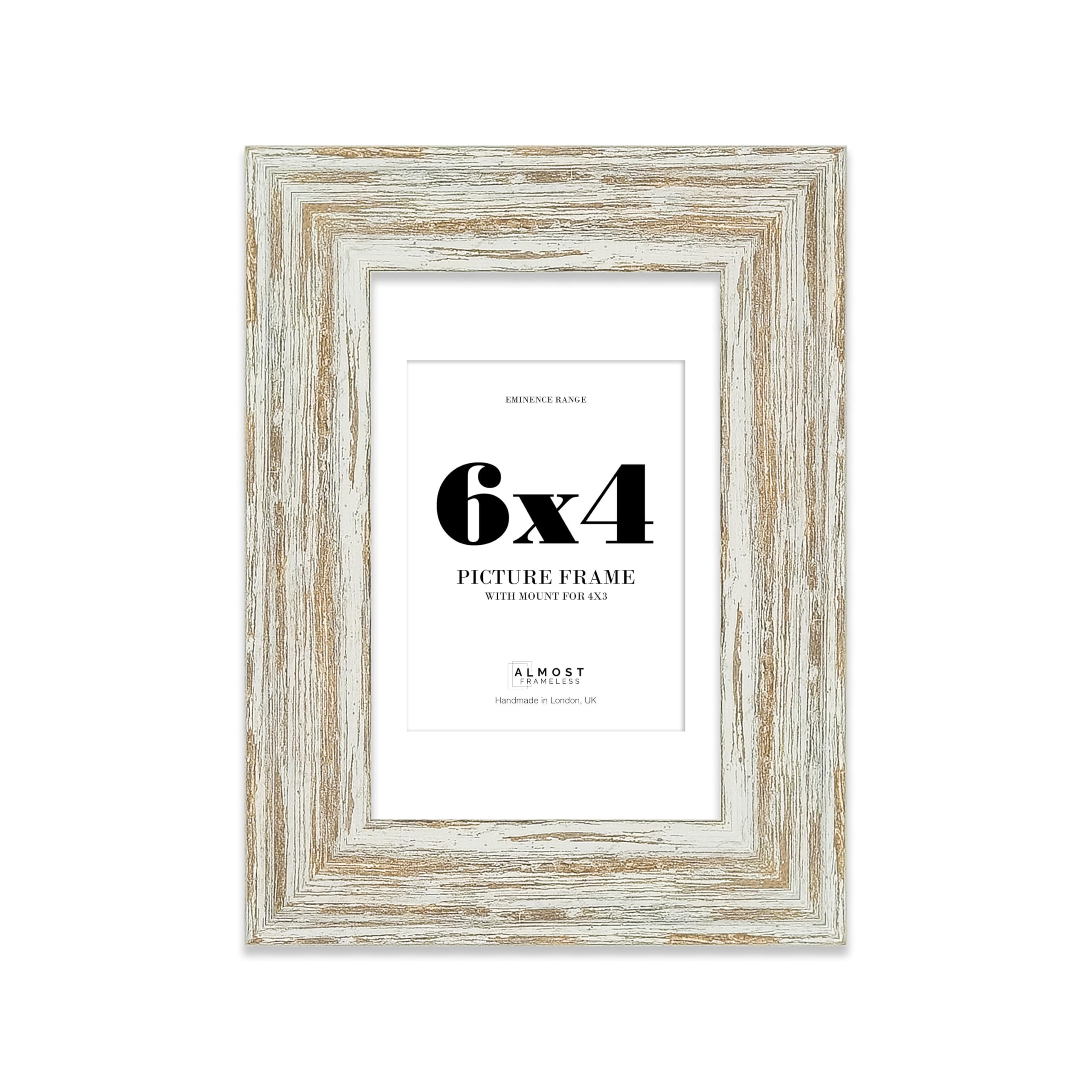 6x4" Distressed White Oak Picture Frame with 4x3" Mount - Rustic Photo Frame with Distressed Finish, Wall Hooks and Kickstand, 32mm Edge - 1 Pack