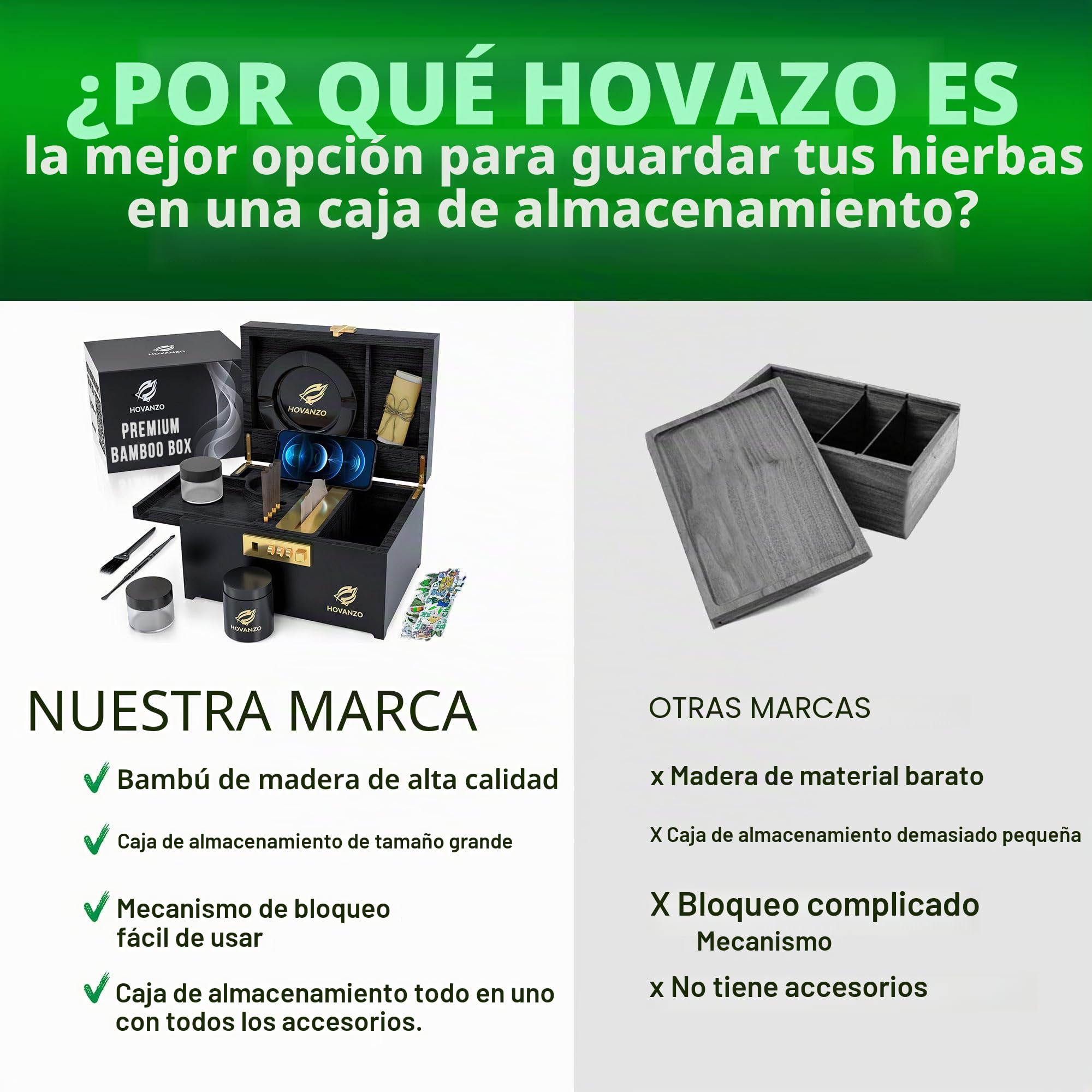 HOVANZO - Caja decorativa de bambú grande con cerradura de combinación, caja de almacenamiento con bandeja rodante, accesorios