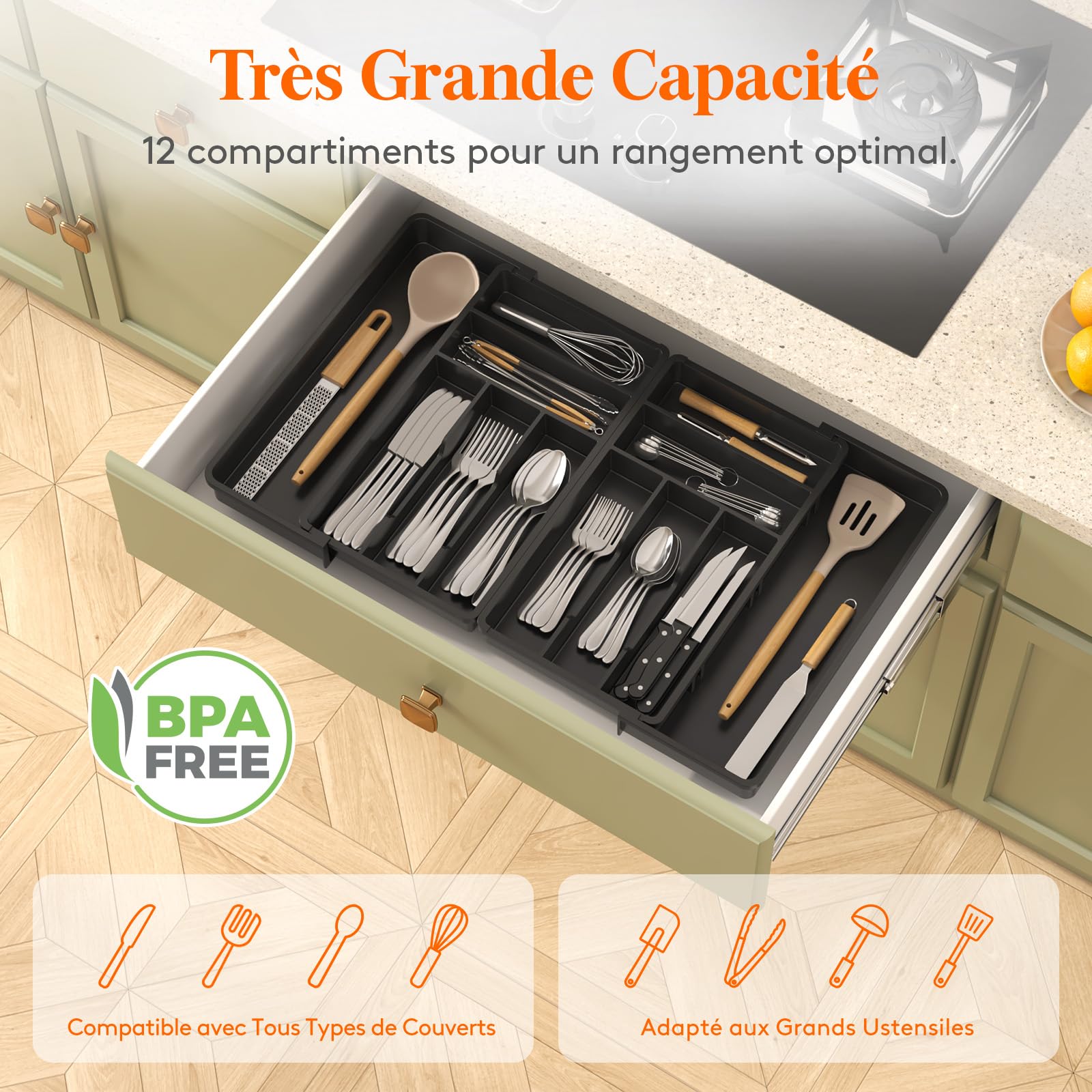 Lifewit Grand Range Couverts, Largeur de 46 à 70 cm, Organisateur Couverts Réglable pour Tiroirs, Profondeur 42,4 cm, Rrangement de Cuisine Amovible, Porte Ustensiles pour Fourchettes/Couteaux, Noir