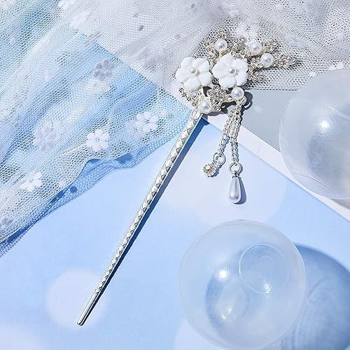 Miniatura 6 de Chuangdi 2 palillos chinos japoneses para mujer, estilo vintage, con diamantes de imitación plateados, palillos de pelo largo con borla tradicional