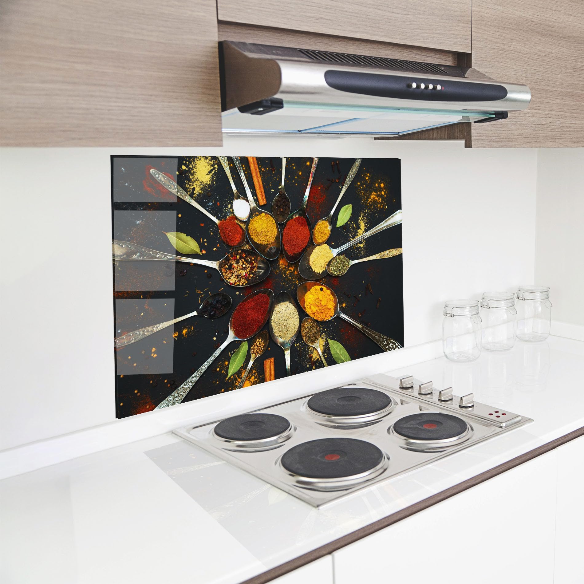 ARTHUB® Crédence de Cuisine en Verre 60x80 cm, Cooking Spoons | Protection Contre Les éclaboussures, Revêtement Mural en Carreaux, Plaque en Verre, Verre trempé, Aliments, Épices