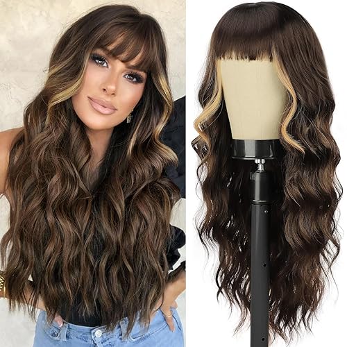 ORSUNCER - Pelucas largas y onduladas con flequillo para mujer, peluca ombré, cabello sintético ondulado, para mujeres de piel oscura y blanca, para