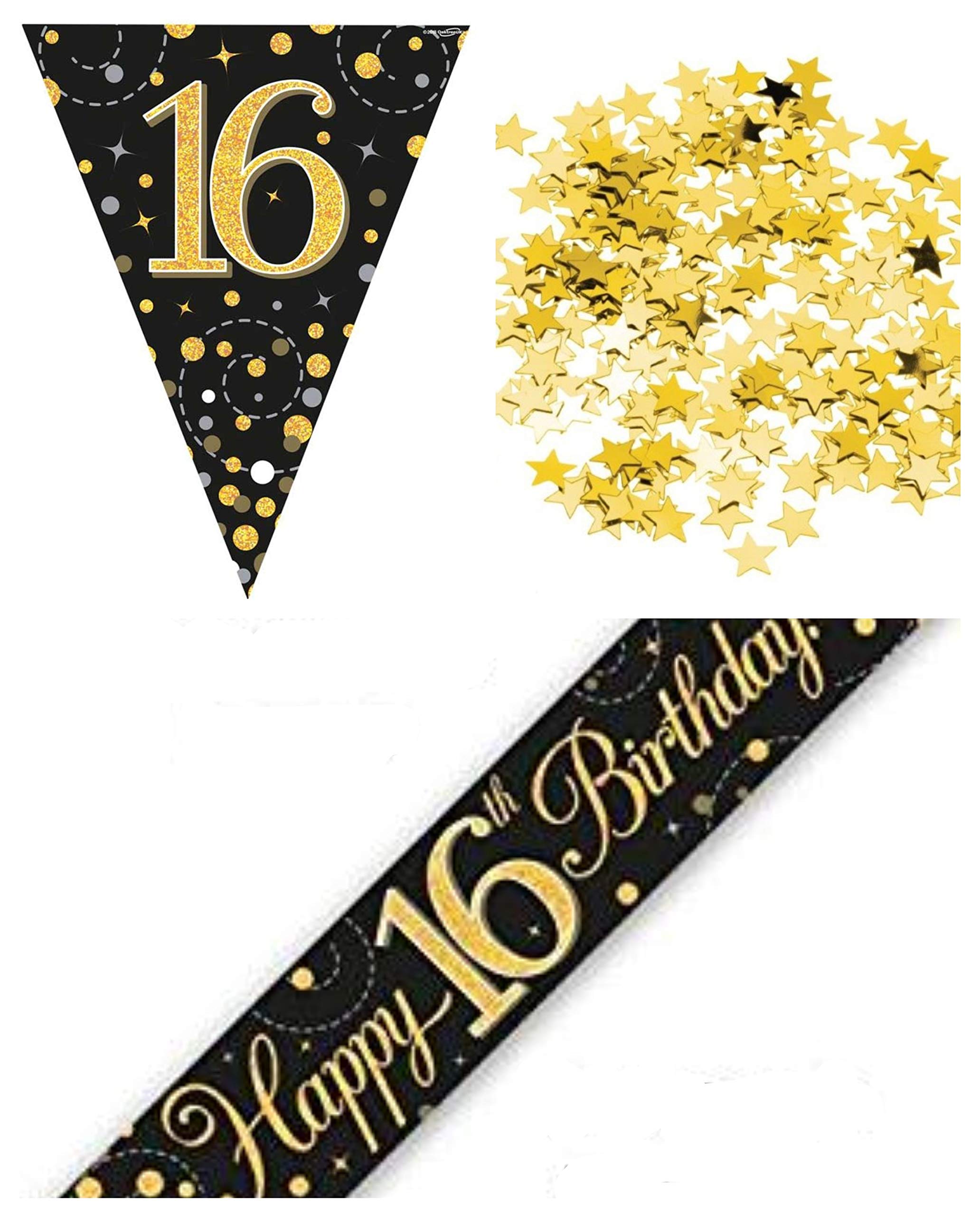 Festone Olografico 16° Compleanno: Nero E Oro, 3,9 Metri Con 11 Bandiere, Decorazione Per Feste Di Compleanno, Per Interni Ed Esterni