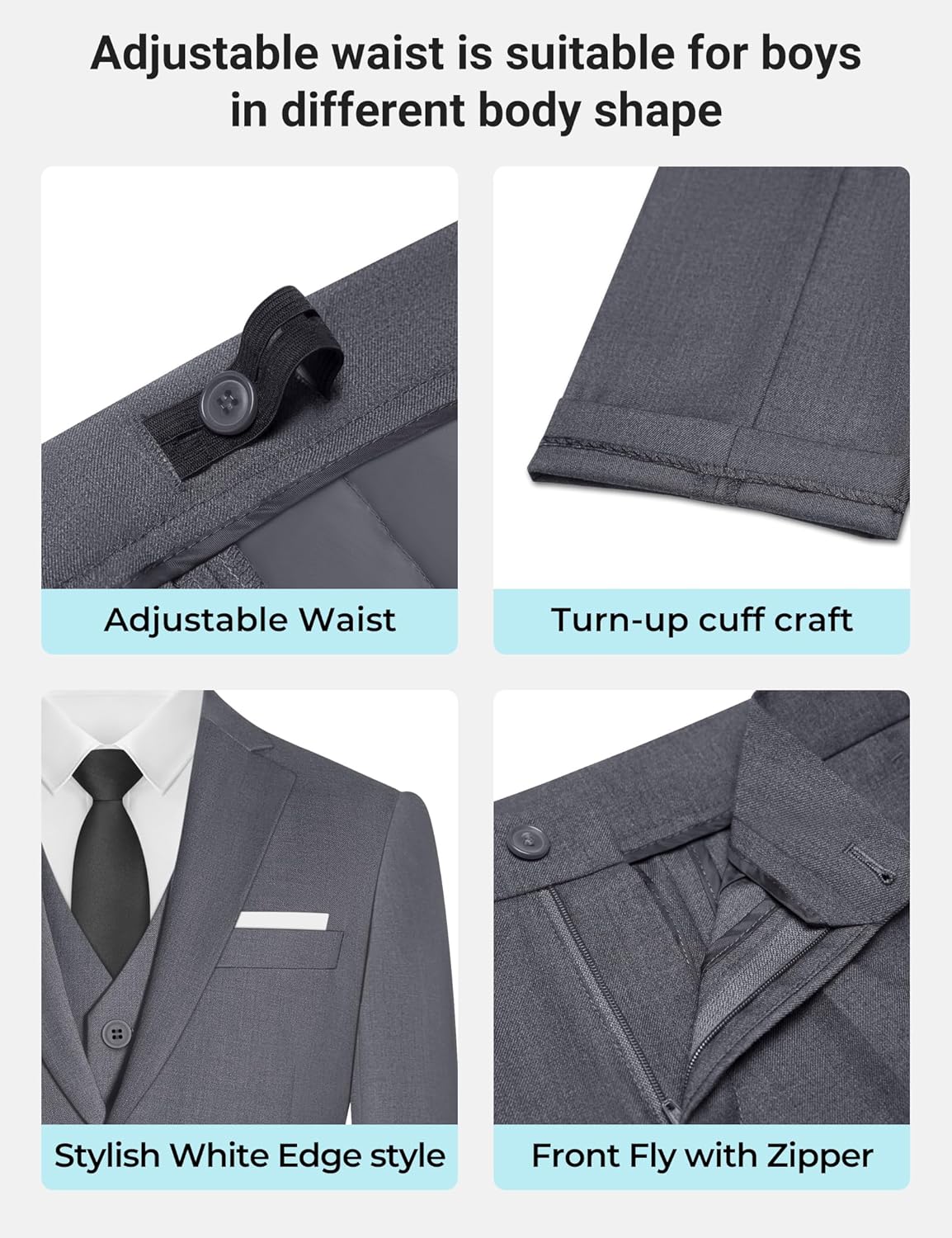 Boys' Formal Suit Set, with Suspenders, Adjustable Waist - Image 6