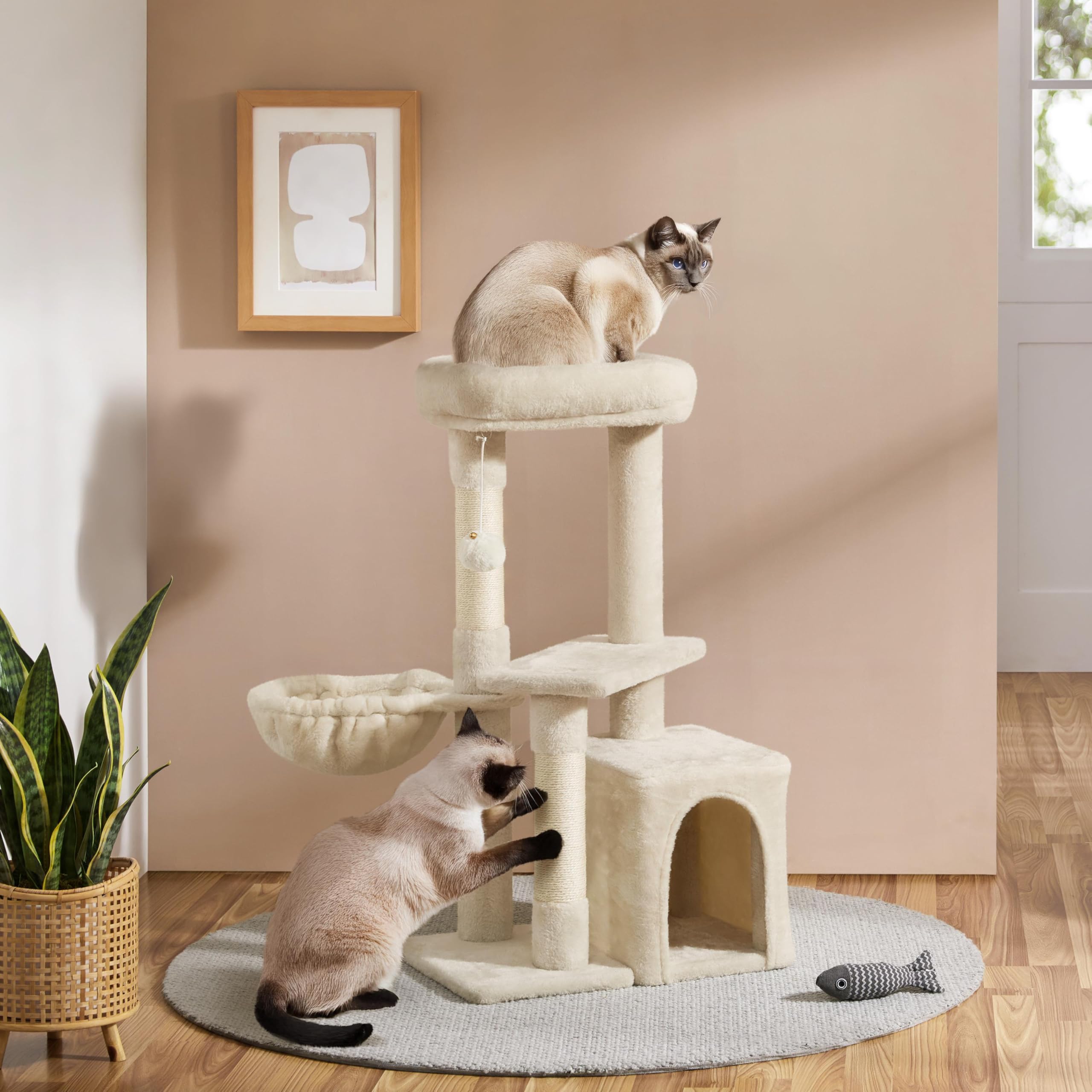 Abician Arbre à Chat Arbre à Grimper Hauteur 96cm Tour de Jeu avec Poteaux Griffoir Cordes Sisal Cachette Panier Niche Beige
