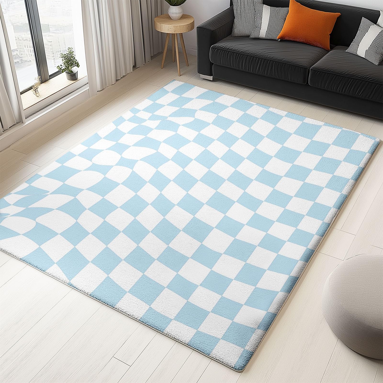 Tapis de sol bleu clair 60x110 cm à vagues abstraites carrées pour salon