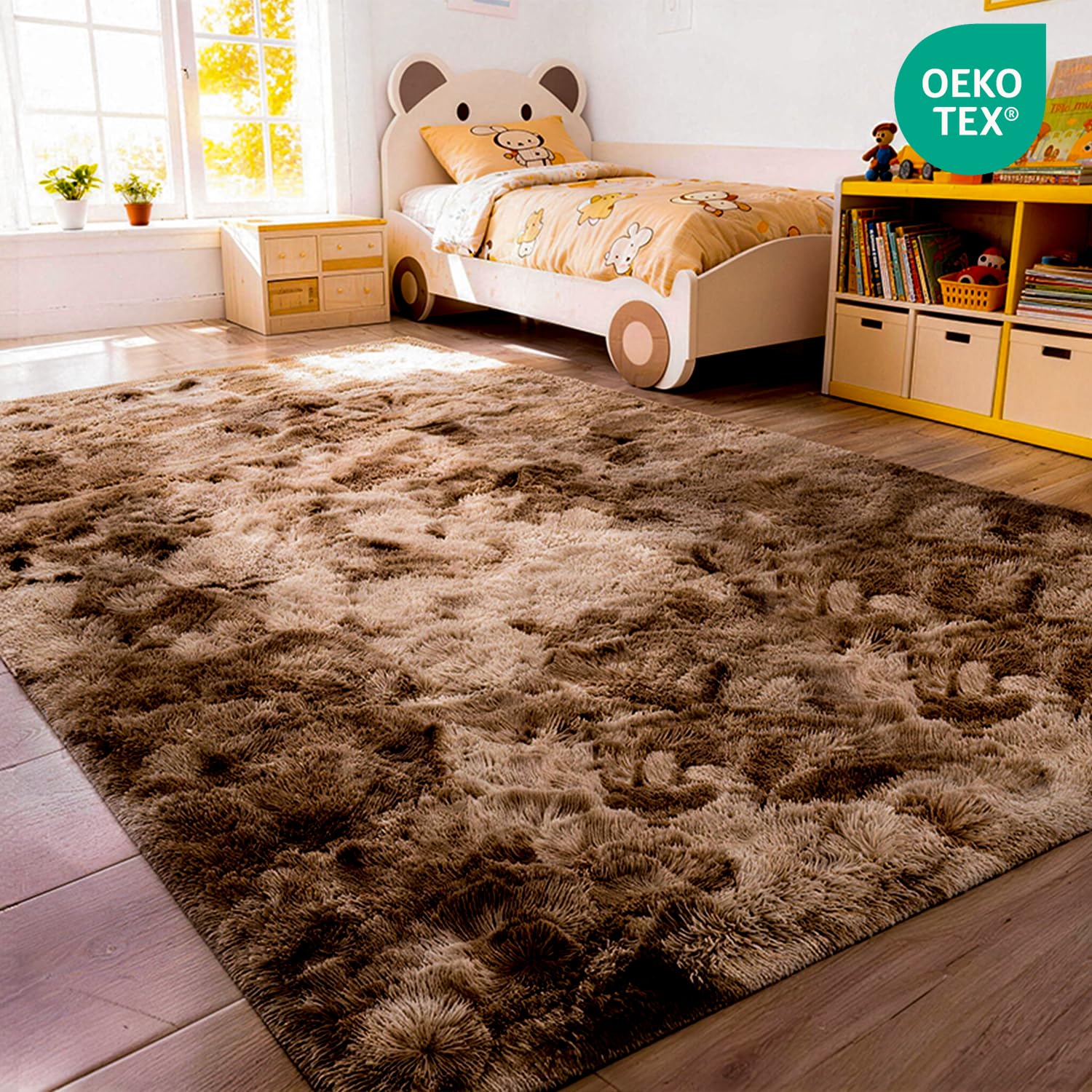 Teppich Wohnzimmer Braun 200x300 cm flauschig weich | Hochflor-Teppich, waschbar, rutschfest, weich. Ideal für offene Räume, Esszimmer und große Schlafzimmer.